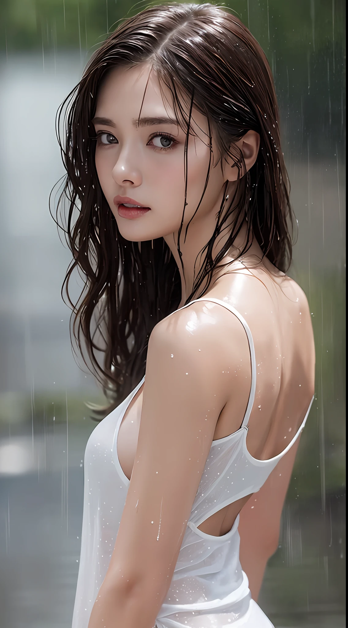 (Top Quality, 4k, Masterpiece: 1.3), Beauty, 1 Girl, Sexy: 1.1, Dark Brown Hair: 1.1, (Rain-wet, Rain-soaked, Wet Body: 1.2), White Tank Top, Ultra-Detailed Face, Detailed Lips, Detailed Eyes, Double Eyelids, Ass Viewer