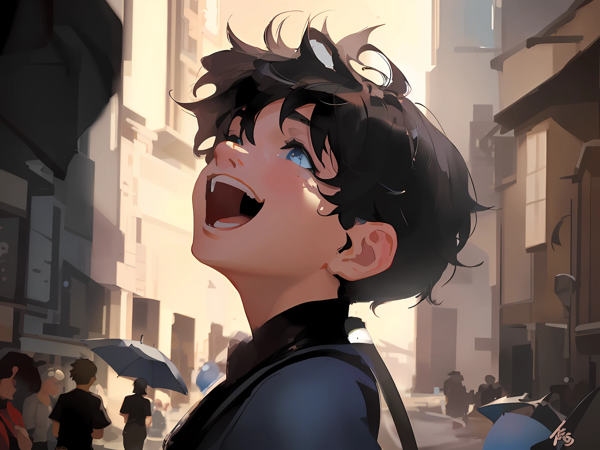 there is a cartoon boy with a black shirt and a blue umbrella, artwork in the style of guweiz, digital anime illustration, expressing joy. by krenz cushart, adorable digital painting, ross tran style, in the style of ross tran, digital anime art, artgerm and atey ghailan, inspired by Ross Tran, realistic anime artstyle