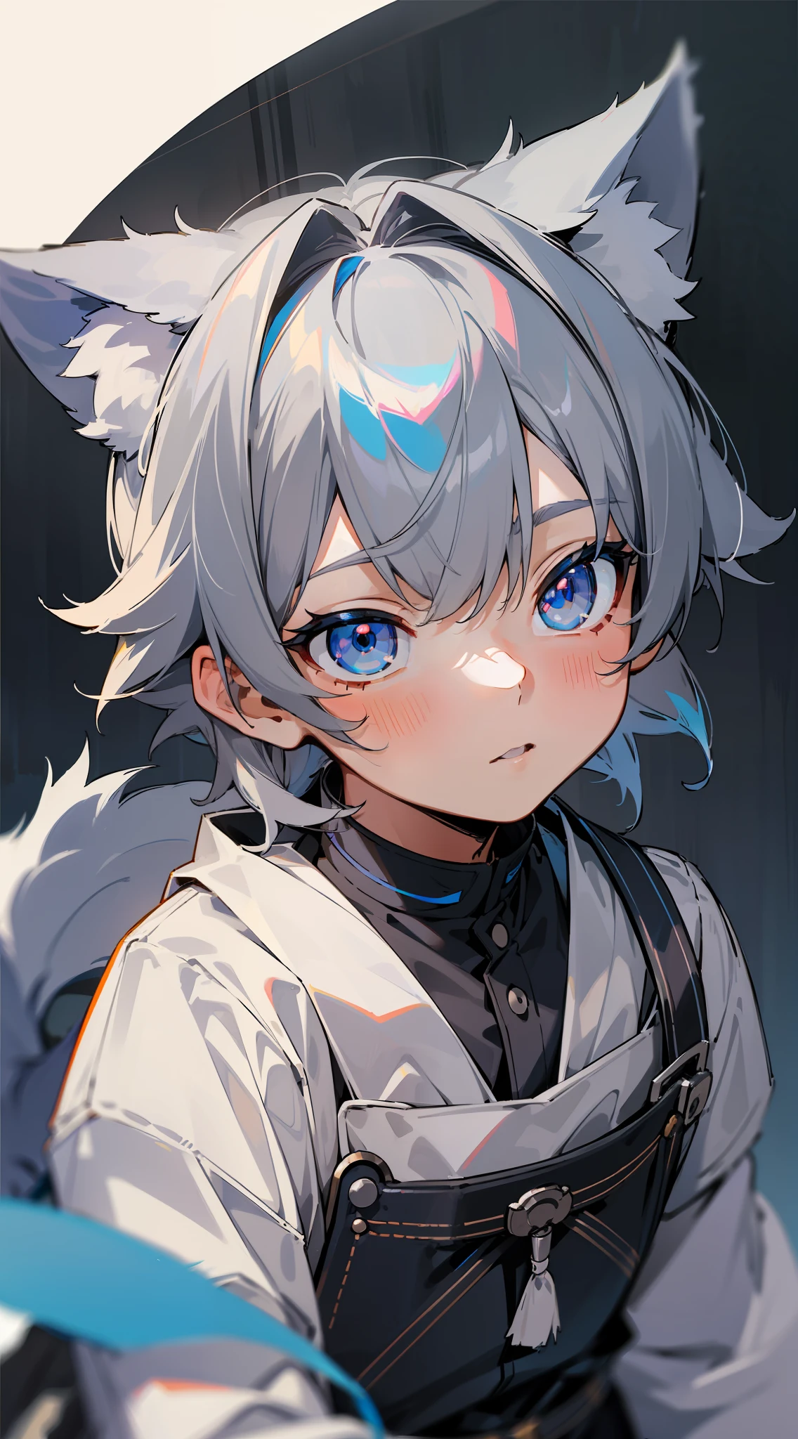 (1boy), (Shota), (HD quality, masterpiece level), cute  characters, dark gray hair, blue eyes, (wolf ears), (wolf tail), one tail, (no ears), (litt), (ears covered), (hair covered ears), face camera, a pinch of blue bangs, panorama,