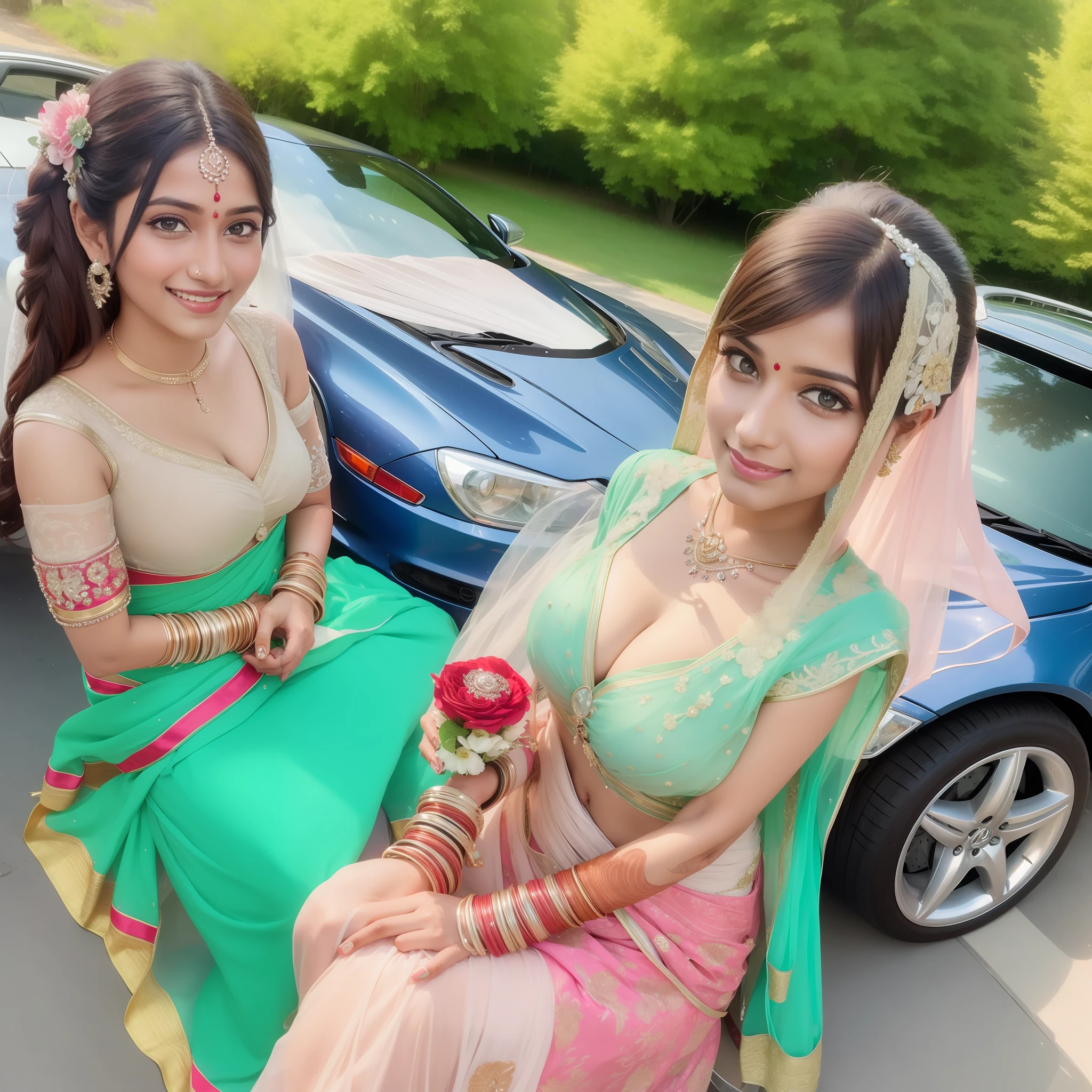 Indian woman wedding, bra,shorts, pretty face, Mercedes car