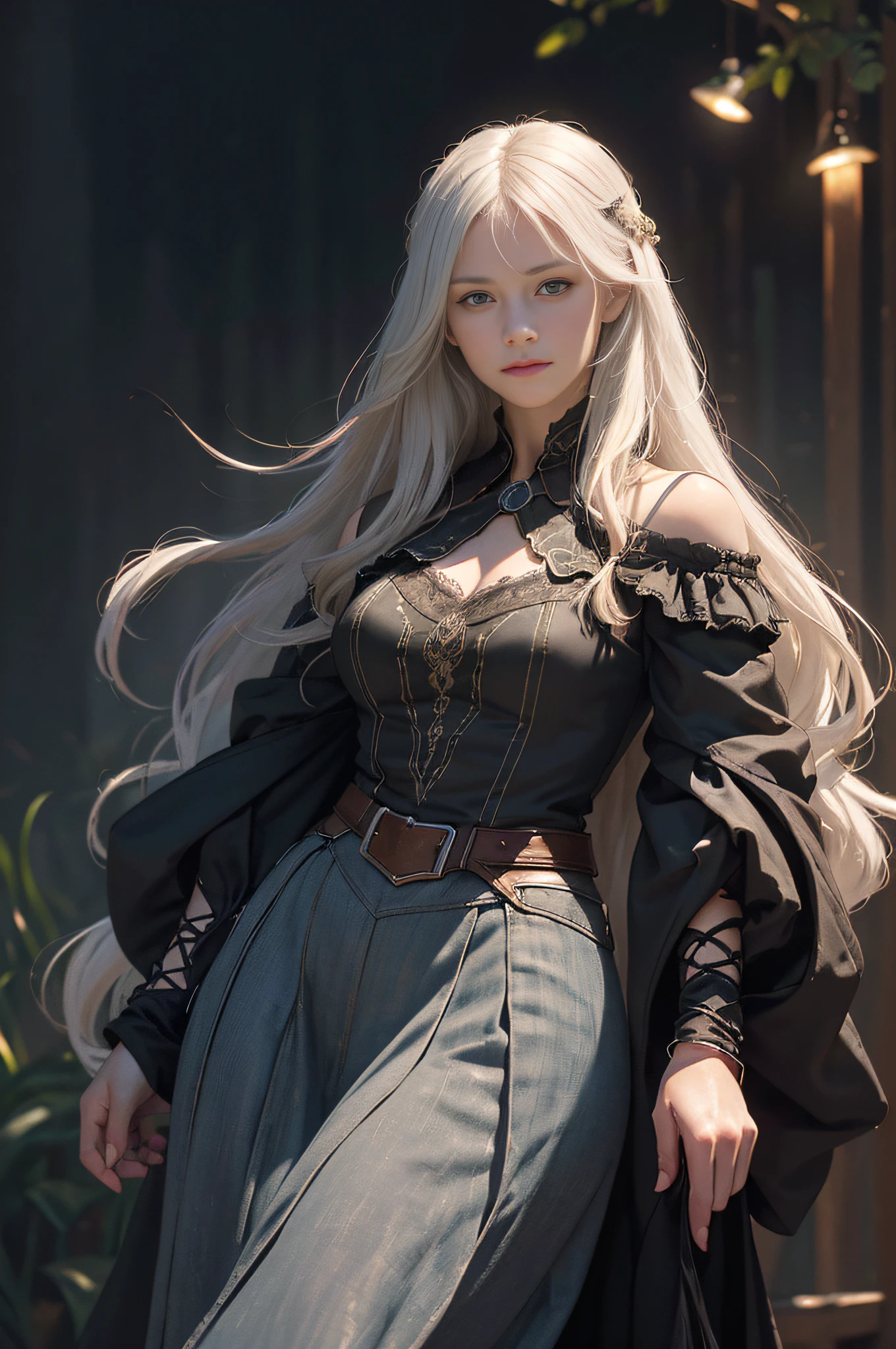 (front focus),(in the dark:1.6), Hyperrealist portrait of female by david hockney and alphonse mucha,fantasy art, photo realistic, dynamic lighting, artstation, poster, volumetric lighting, very detailed faces, 4 k, award winning,, 1girl, in the dark, deep shadow, low key,cowboy shot,(official clothing:1.4) ,long hair,white hair,