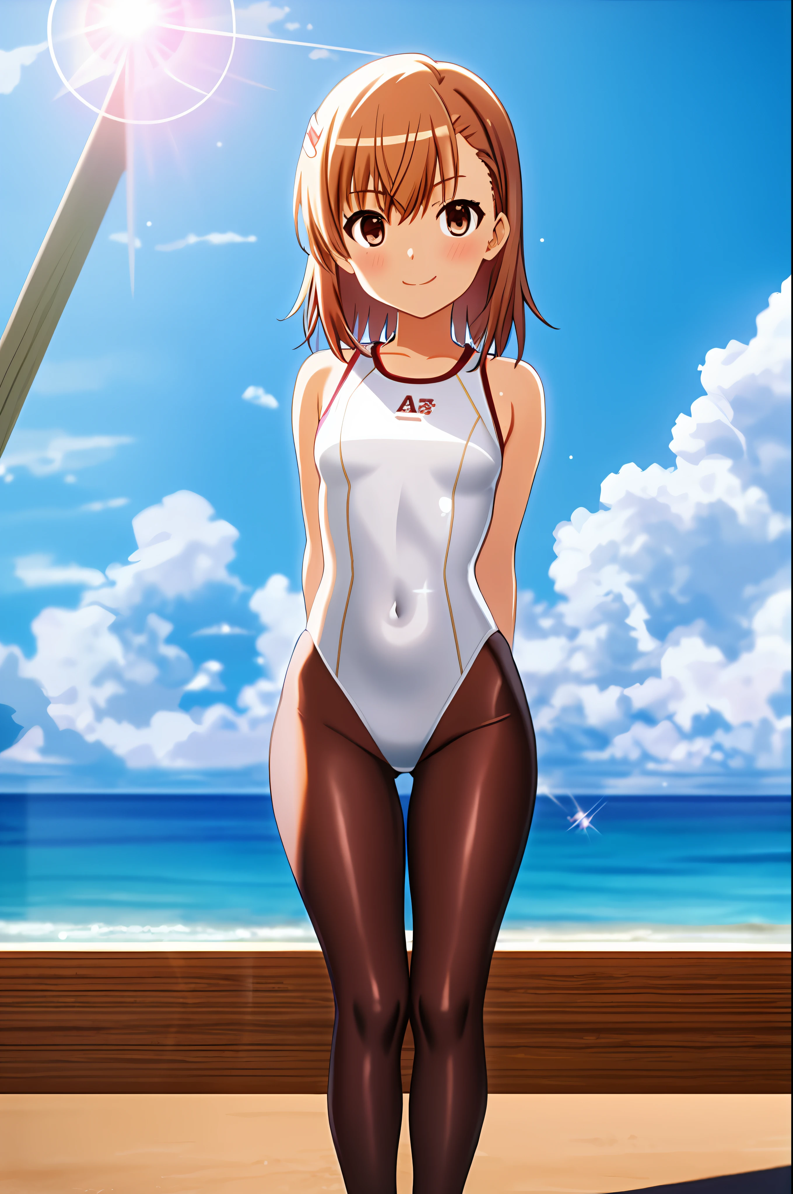 masterpiece, best quality, misaka_mikoto, brown eyes, looking at viewer, solo, small breast, upper body, (swimsuit), beach, outdoor, , smile, close_mouth, ((crossed legs)), ((standing)), lens flare abuse, one piece suit, body suit, shiny clothes, thicc, onegirl, 1girl, white suit