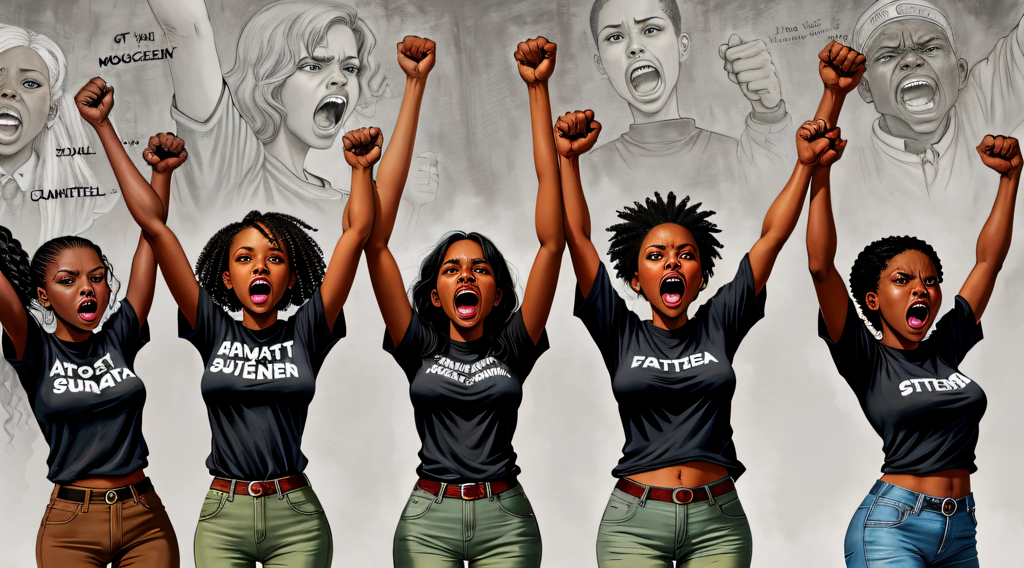 Art digtal, image of a group of black people, open mouth screaming, with arms and fist extended, cinematic and realistic and cold colors, ncapsulates the strength, resilience and unwavering struggle of black people, who face the oppressive system in search of equality and justice. It is a powerful portrait that aims to raise awareness, incite action and inspire social change for human rights.