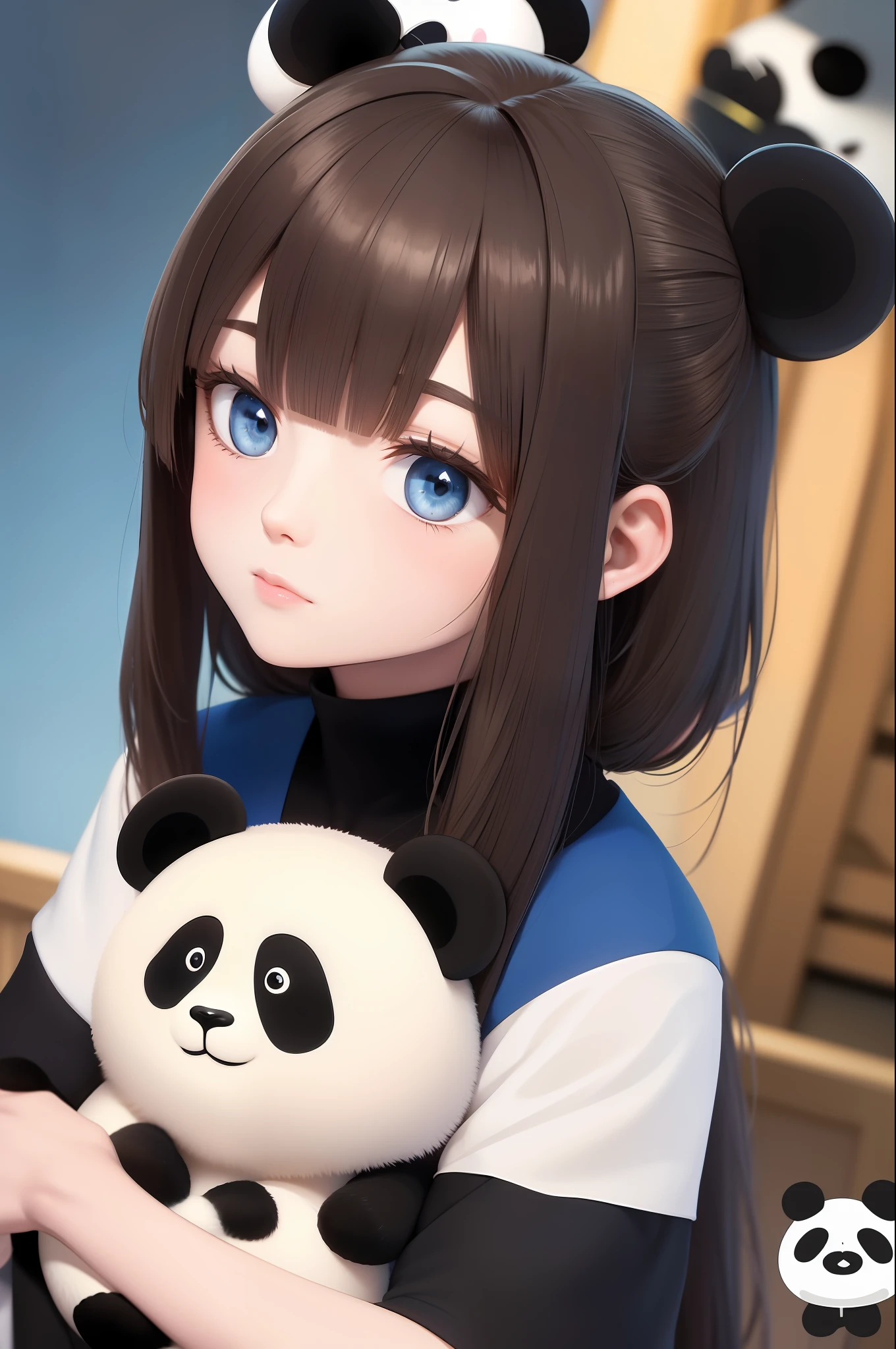 Best quality, masterpiece, brunette hair, blue eyes, head up, upper body, panda, panda