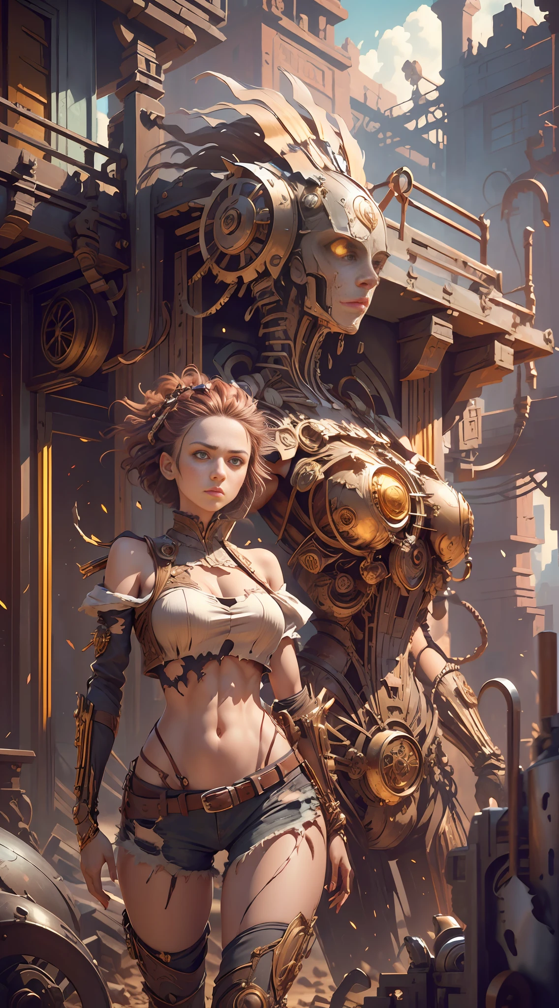 (((1 woman))), (anatomically correct), ((hands on head))), short hair, (((torn clothes))), (red glowing eyes))), broken headdress, extremely detailed face, looking up at the lens, ((panorama)), gray sky, best quality, ultra-detailed color, battlefield, city ruins, broken buildings, damaged machinery, perfect composition, best elaboration, (Golden ratio: 1.2), HDR, dramatic, cinematic lighting, huge details, masterpiece, (realism: 1.4), absurdity, cinema lighting, surrealism, steampunk, intricate design, extremely detailed, exquisite details,