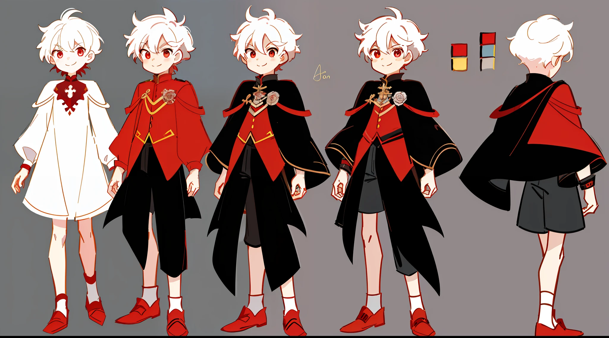 Reference sheet of a cute boy, short white hair, red eyes, smiling, black prince outfit with short shorts, red rose on chest, detailed face, detailed hair, simple background, concept art, character concept art, character sketch, reference sheet, character sheet