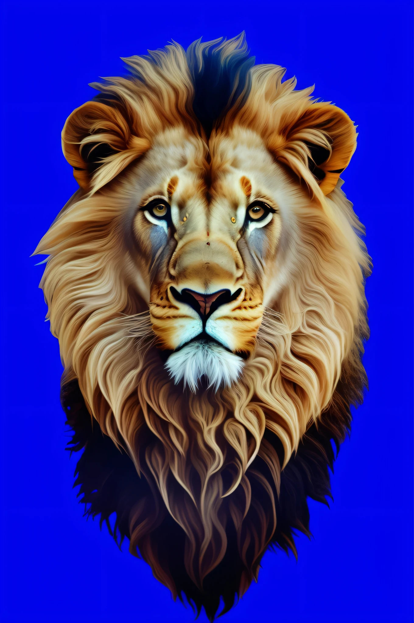 Improve the lighting of this image and the details, leaving photorealistic and with more volume. painting of a lion's head on a blue background, lion's head, with the mane of a lion, digital art animal photo, portrait of a lion, the mane of a lion, 2 d full-body lion, aslan, the lion, half lion, lion, third lion's head, face of a lion, roaring blue lion. Majestic, body of lion, king of the jungle