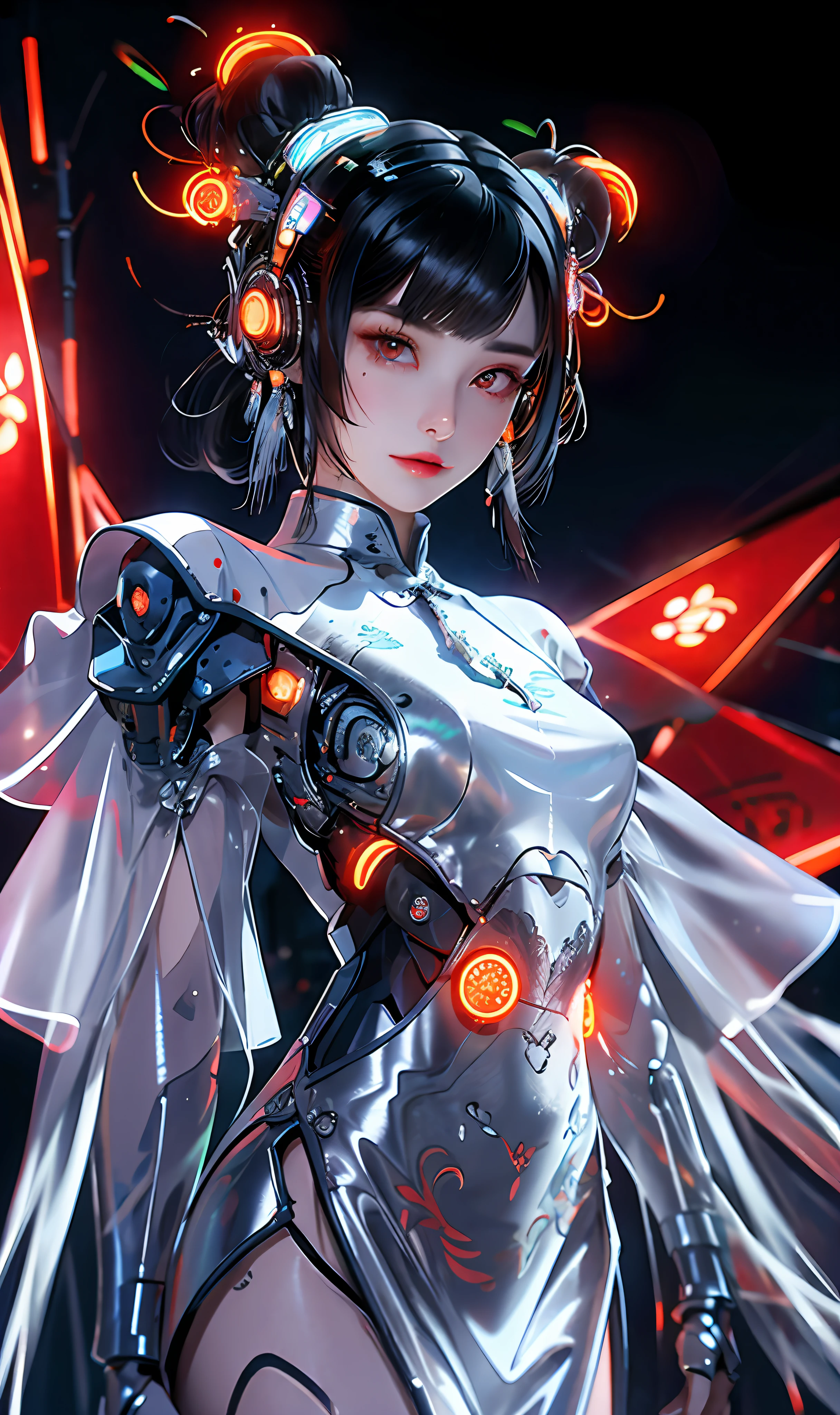 1 girl, Chinese_clothes, liquid silver and orange, cyberhan, cheongsam, cyberpunk city, dynamic pose, detailed luminous headphones, glowing hair accessories, long hair, glowing earrings, glowing necklace, cyberpunk, high-tech city, full of mechanical and futuristic elements, futuristic, technology, glowing neon, orange, orange light, transparent tulle, transparent streamers, laser, digital background urban sky, big moon, with vehicles, best quality, masterpiece, 8K, character edge light, Super high detail, high quality, the most beautiful woman in human beings, micro smile, face facing front and left and right symmetry, ear decoration, beautiful pupils, light effects, visual data, silver white hair, super detail facial texture