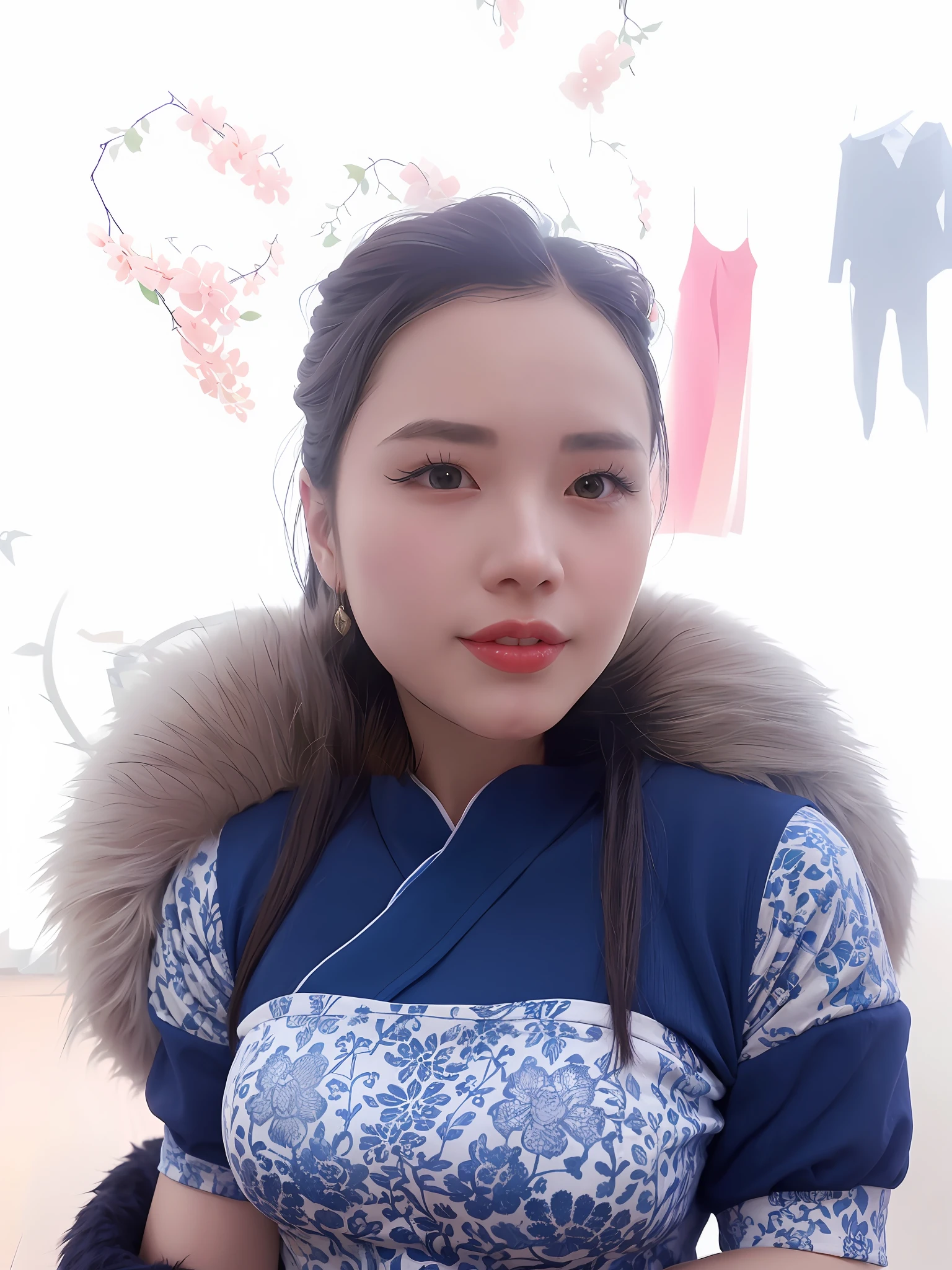 there is a woman that is wearing a blue top and a fur collar, inspired by Huang Ji, young cute wan asian face, inspired by Mei Qing, chinese woman, xintong chen, chinese girl, shot on nikon z9, a beautiful fox lady, inspired by Ma Yuanyu, gorgeous chinese model, in a blue qipao, wenfei ye