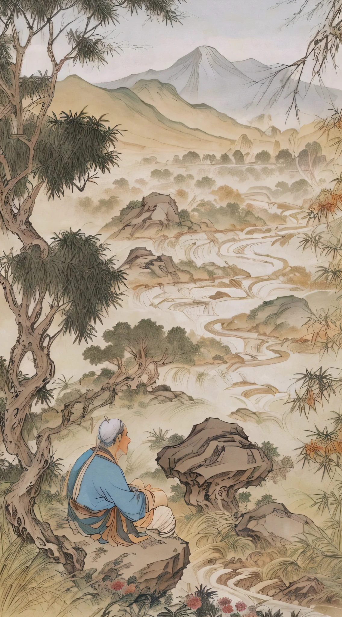 chinese painting, mountain, rock, flower, grass, river, tree, mountain in the distance, (sitting old man), (walking farmer), vanishing point, 35mm, UHD, masterpiece, ccurate, high detail, award-winning, best quality, 4K