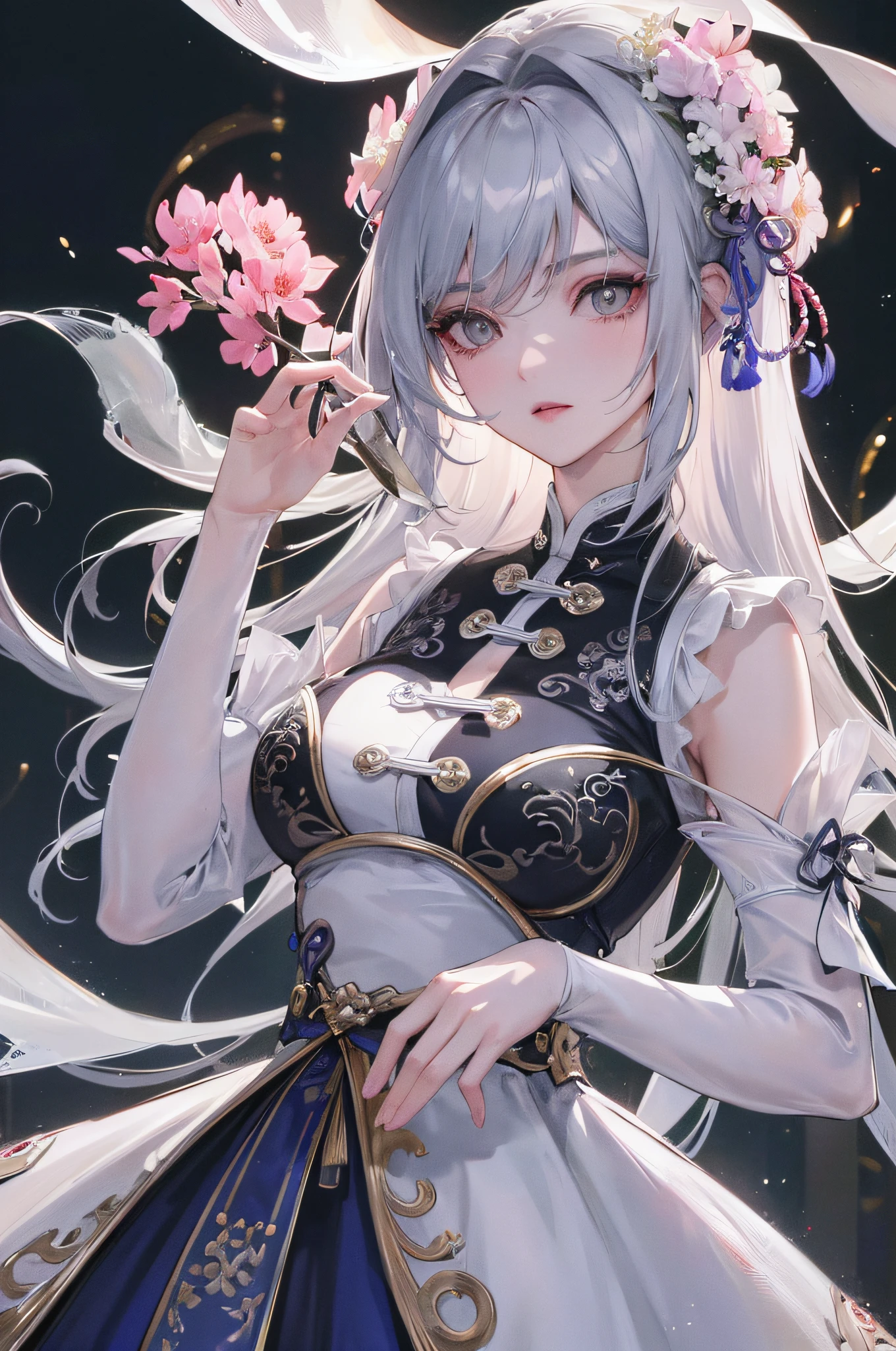 Excellent, Night, Full Moon, 1 Female, Mature Woman, Chinese Style, Antique Chinese, Sister, Royal Sister, Cold Face, Expressionless, Silver-White Long-Haired Woman, Light Pink Lips, Calm, Intellectual, Three Bands, Gray Eyes, Assassin, Short Knife, Flower Ball Background, Walking in Street View, High Detail, Chiaroscuro, Cinematic Lighting, Chromatotic Aberration, Ray Tracing, Vignetting, close-up, masterpiece, ccurate, anatomically correct, super detail, high details, high quality, best quality, highres