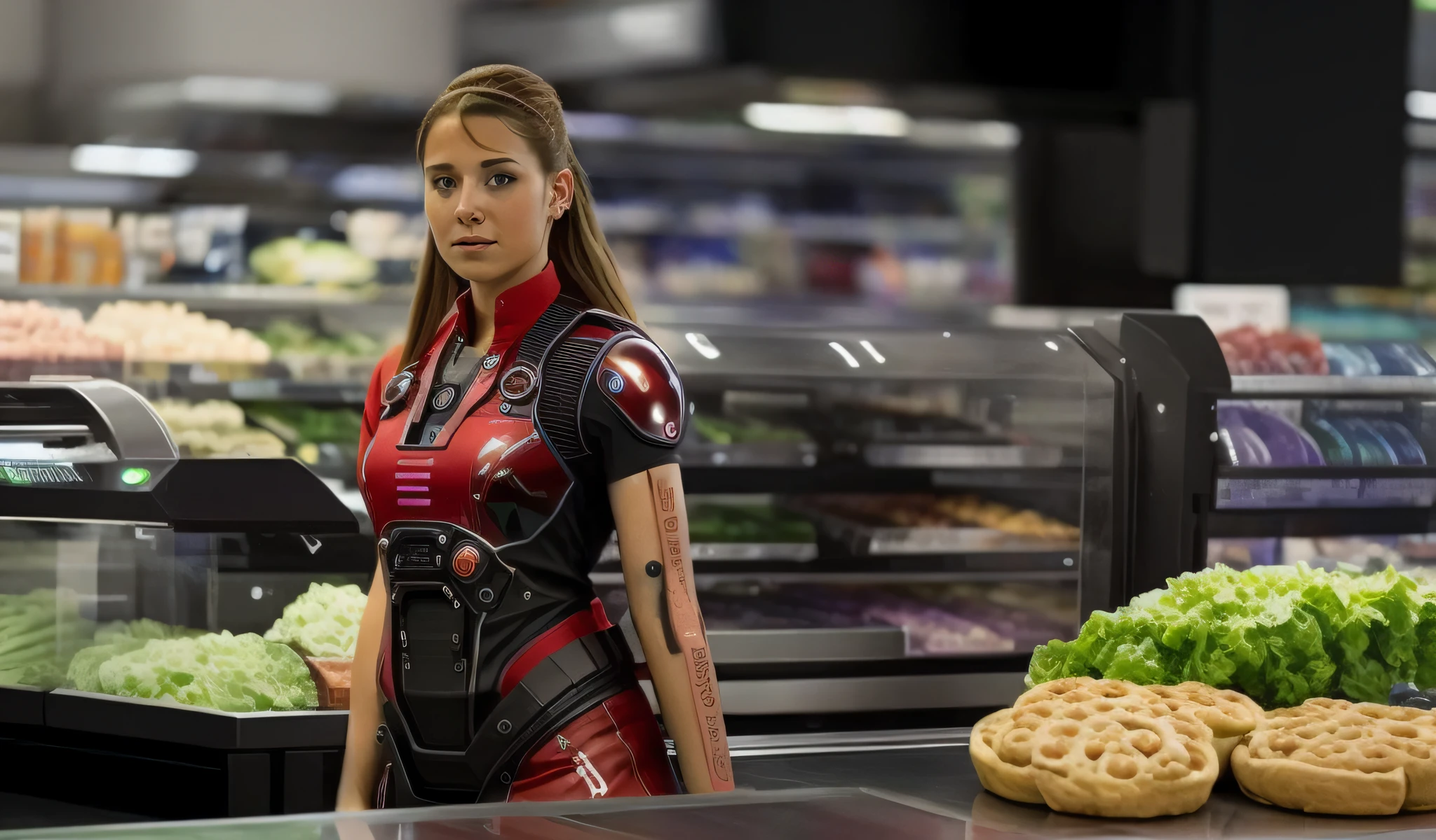 (Masterpies), the best quality, a mesmerizing cyborg girl, she stands at the checkout counter in the grocery store, scans the goods at the checkout, food racks and other customers are visible in the background, neutral dark tone.
