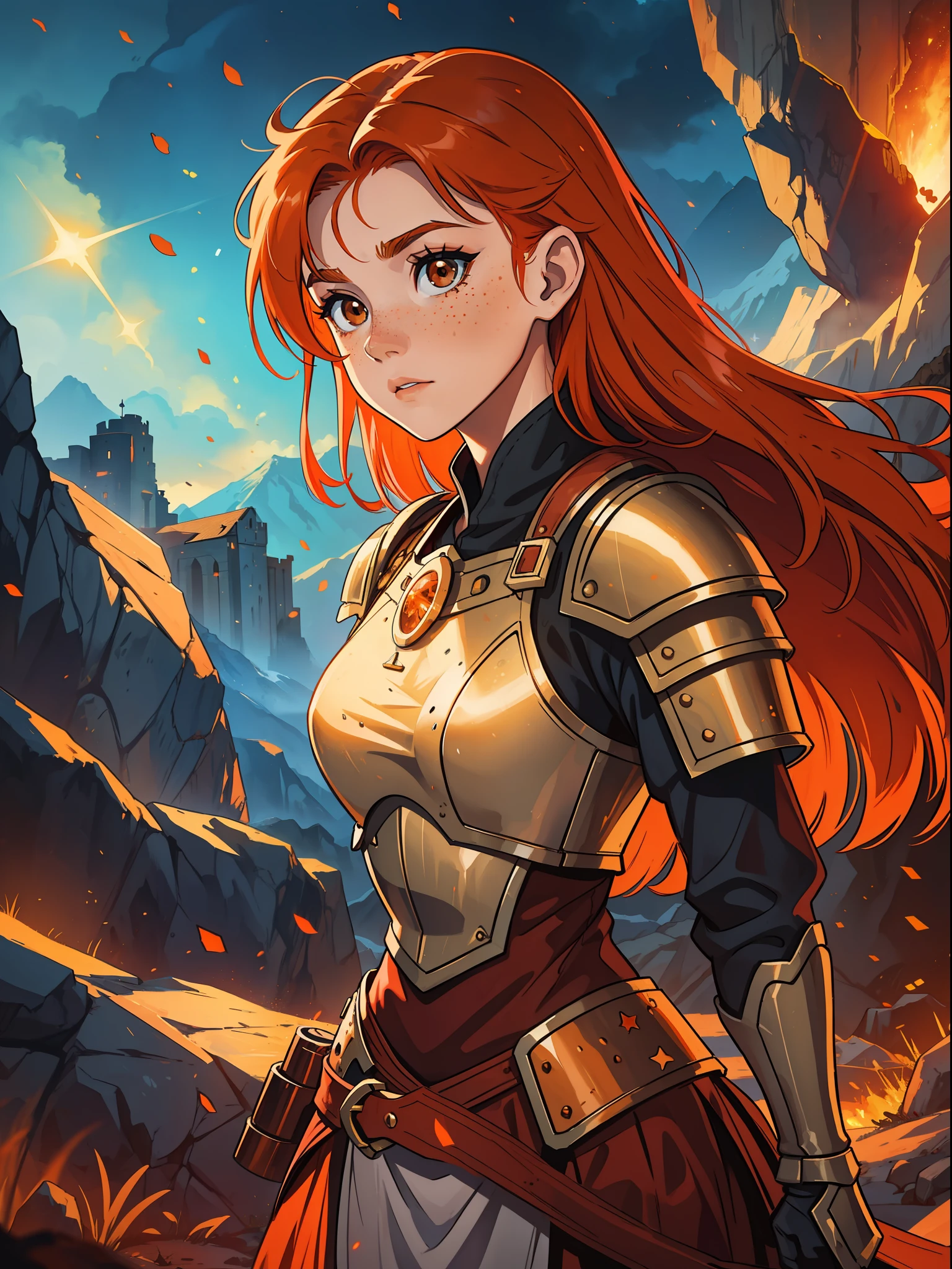 A young red-haired teenage woman with orange hair and brown eyes, she has some freckles and a look of courage, she is a warrior wearing powerful magical armor for a medieval RPG, the background filled with magic and magical lights, contour lights and cinematic lights in a mountain fortress.