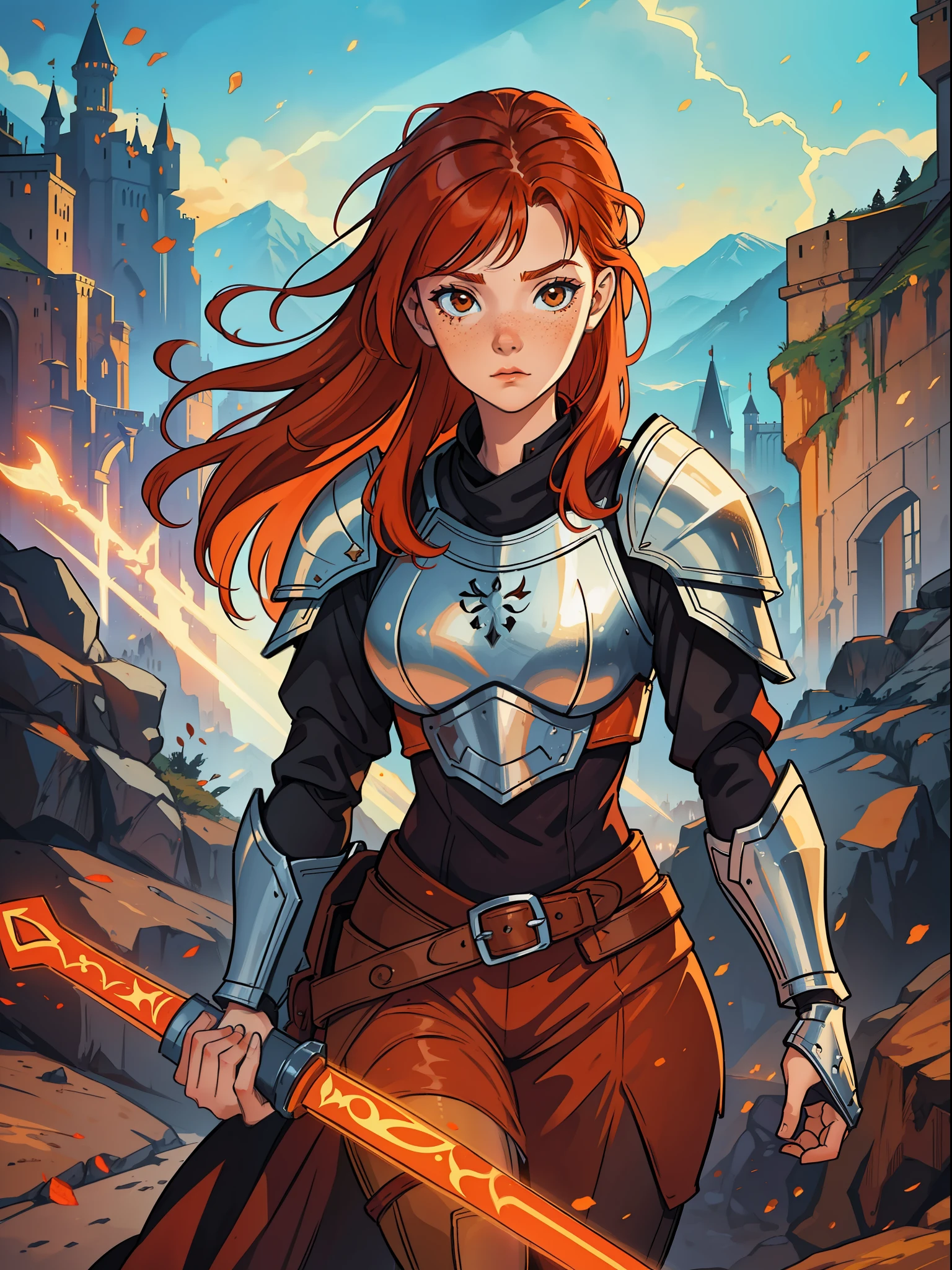 A young red-haired teenage woman with orange hair and brown eyes, she has some freckles and a look of courage, she is a warrior wearing powerful magical armor for a medieval RPG, the background filled with magic and magical lights, contour lights and cinematic lights in a mountain fortress.