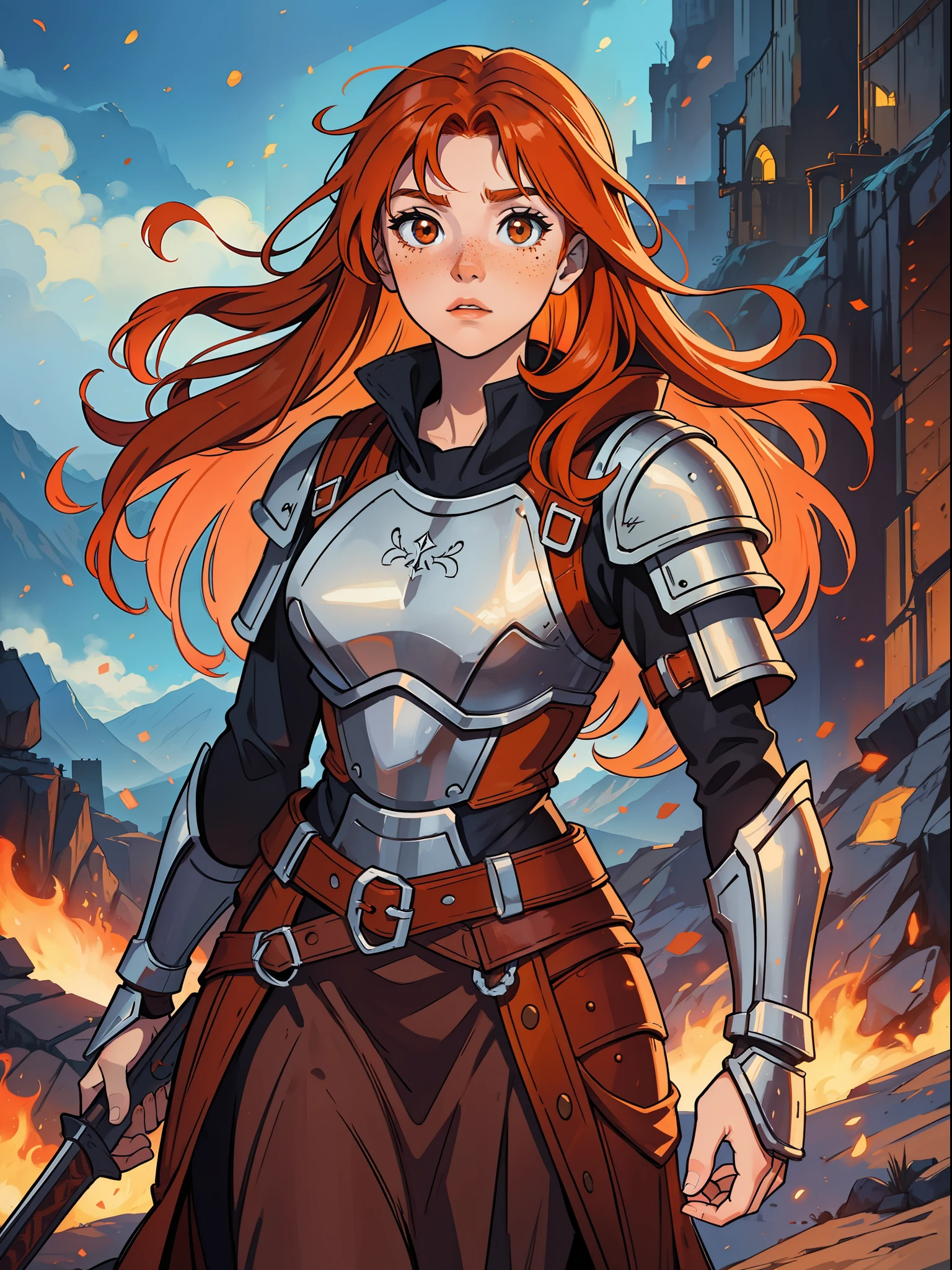 A young red-haired teenage woman with orange hair and brown eyes, she has some freckles and a look of courage, she is a warrior wearing powerful magical armor for a medieval RPG, the background filled with magic and magical lights, contour lights and cinematic lights in a mountain fortress.