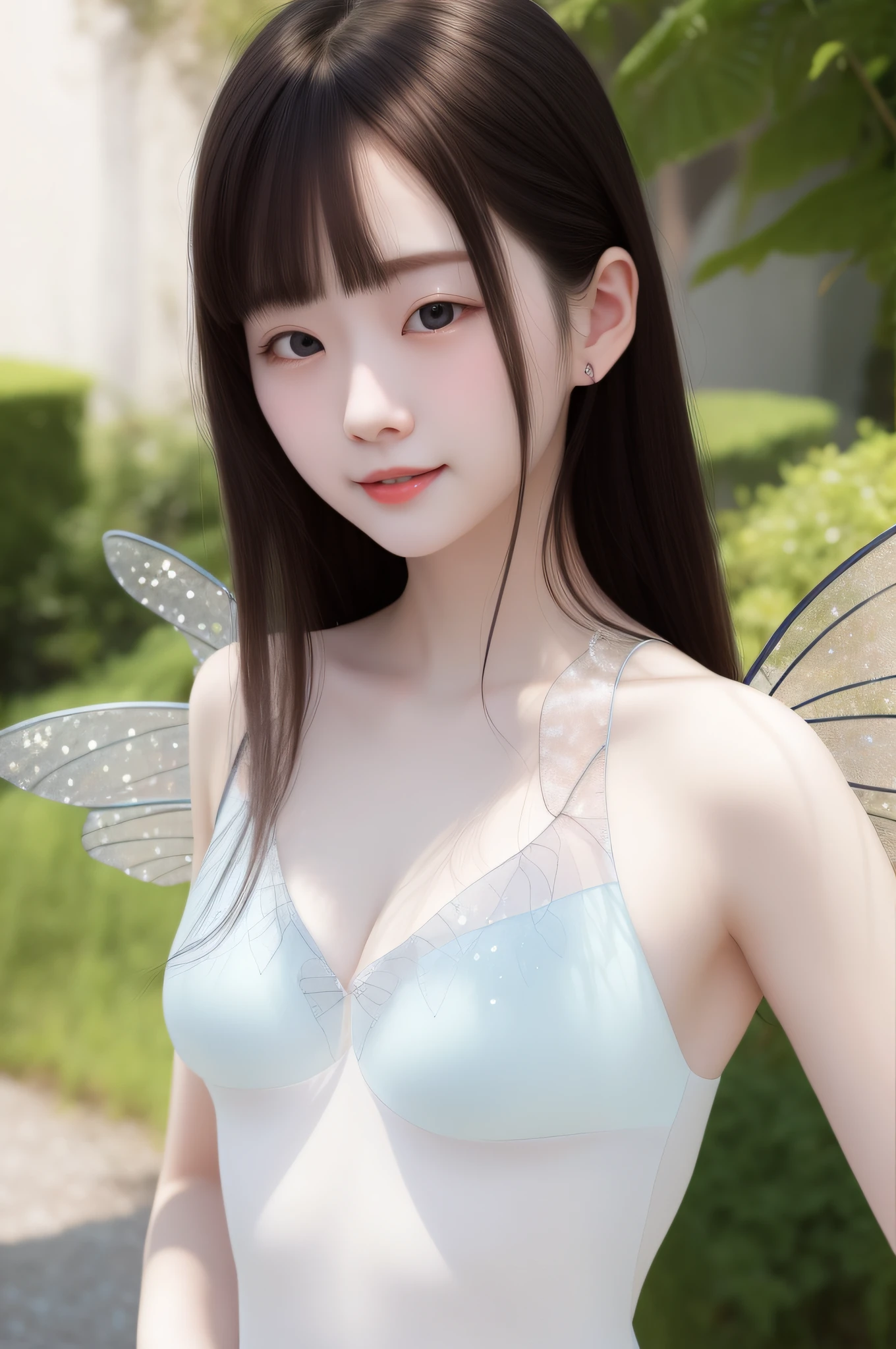 Fairiy with a Japanese face, ((best quality)), ((masterpiece)), (detailed), realistic, photo, ethereal beauty,cute,(black hair:1.1), (black eyes:1.1), Light colored dress,(transparent fairy wings:1.2), exquisite and beautiful face, exquisite collarbone, seductive and delicate collarbone, charming fragrant shoulders, shoulders slightly exposed, middle breasts, peach Red lips,(smile:1.2),belly button,(pale snow white skin:0.1), (pale milky white porcelain skin:0.1), (smooth translucent white skin:0.4)