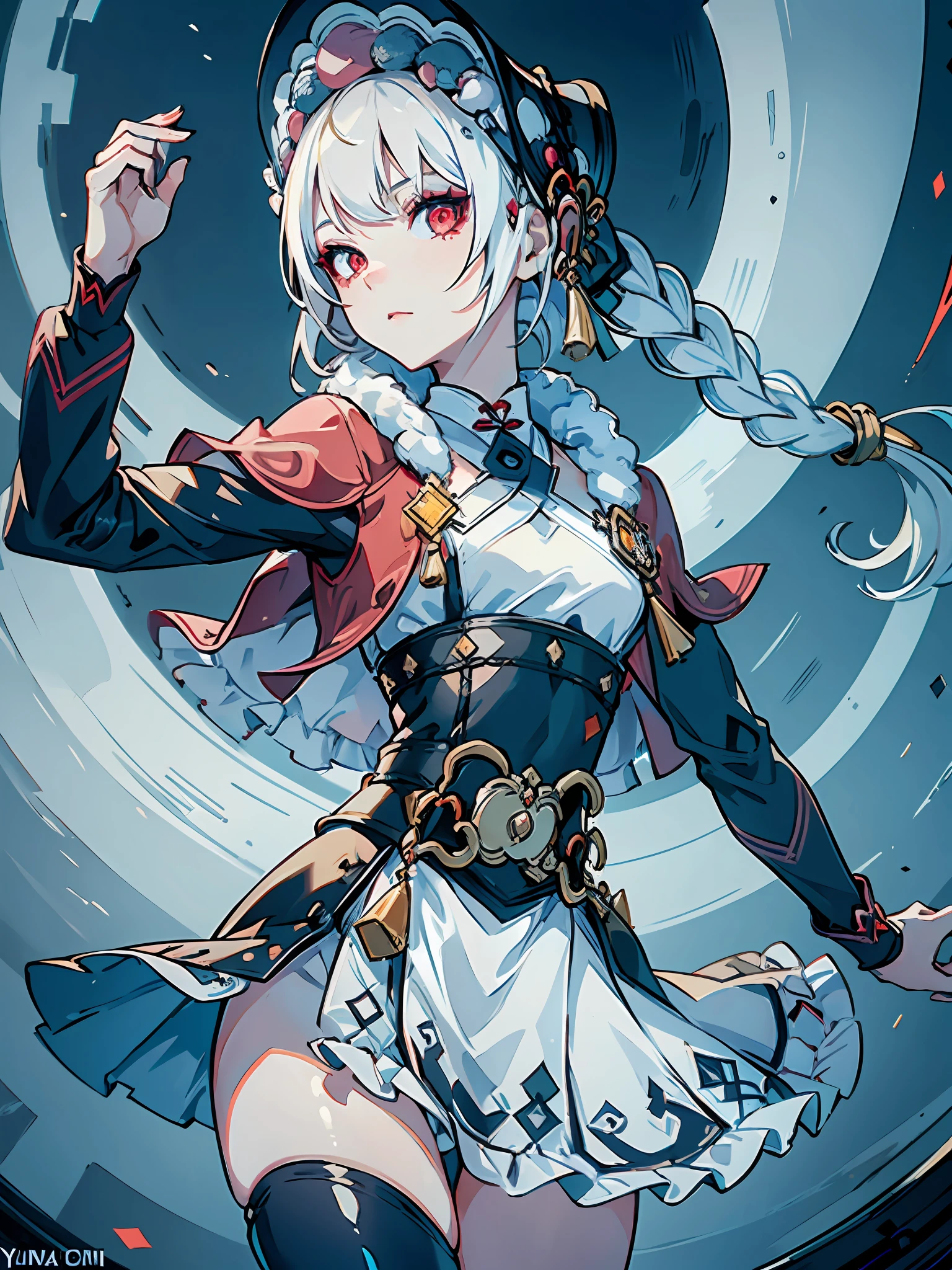 1girl, (solo:1.2), ((masterpiece)), [slim], (small chest), pale skin, ((detailed eyes)), (bokeh effect), (dynamic angle), dynamic pose, yunjindef, headwear, (white hair), (red eyes), bored, cold, indefferent, dark theme, evil, villainous, closed mouth, eyeliner
