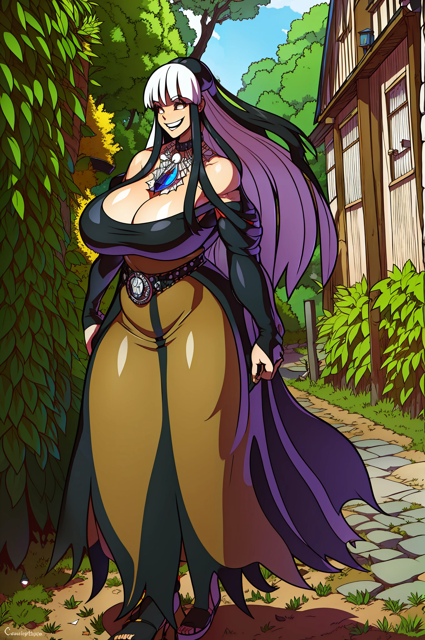 gothique, poitrine énorme, grande femme, courbée, f, cheveux longs, christian,alone,catholic, latin cross,, forest city , plants, walking, smile, smile, ,fur clothing, wizard, medieval, village,pantyhose, portrait, long skirt, long dress, flipflops