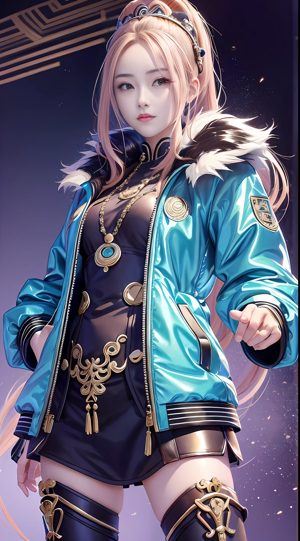 xi xin ping wearing a shiny puffed jacket standing in front of an audience highly detailed, realistic, hyper realistic --auto --s2