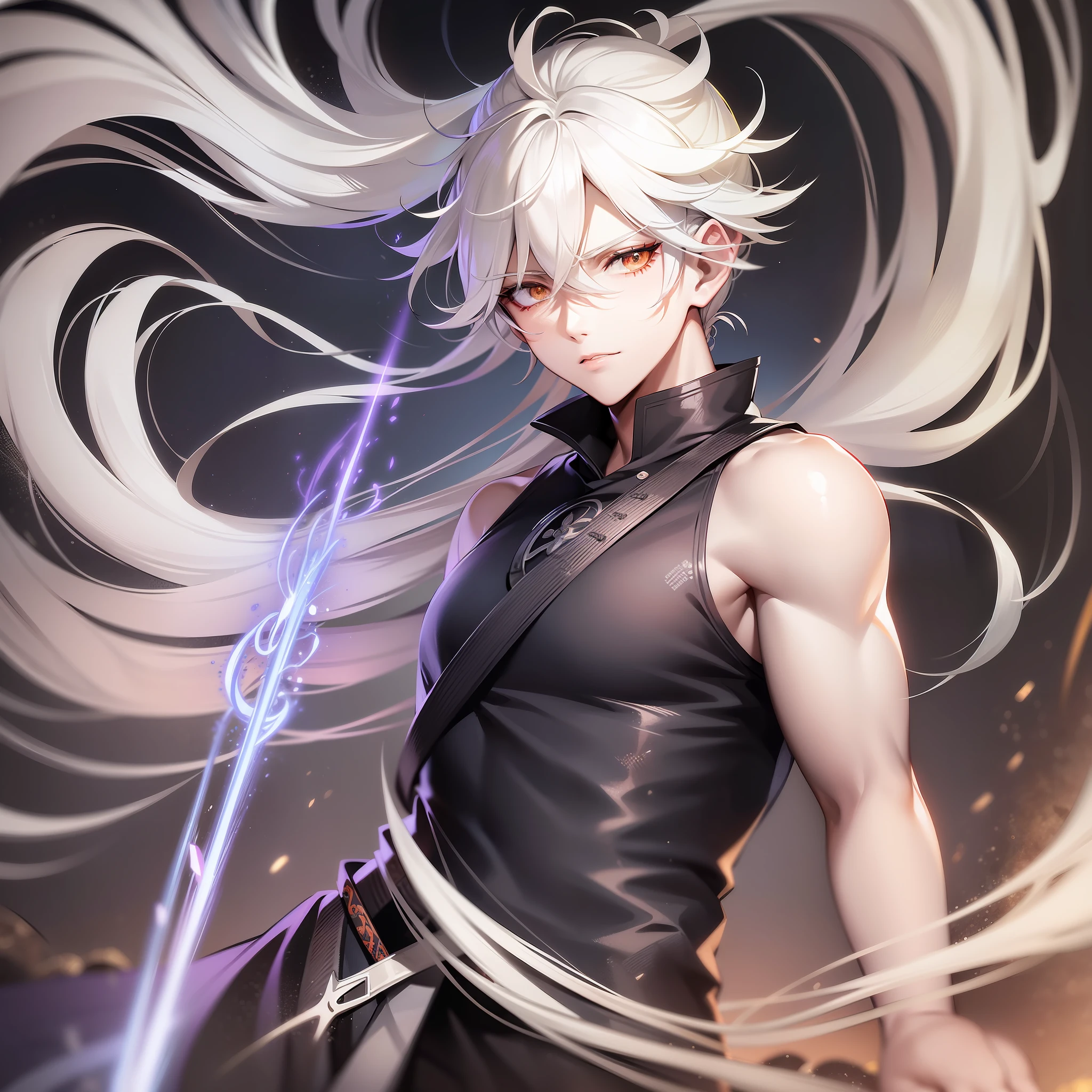 1 man, white hair with ponytail, bright white eyes, Divine, bright white tornado-shaped tattoo on right arm, wind powers, short katana on right hand, mature, 40 years old appearance,