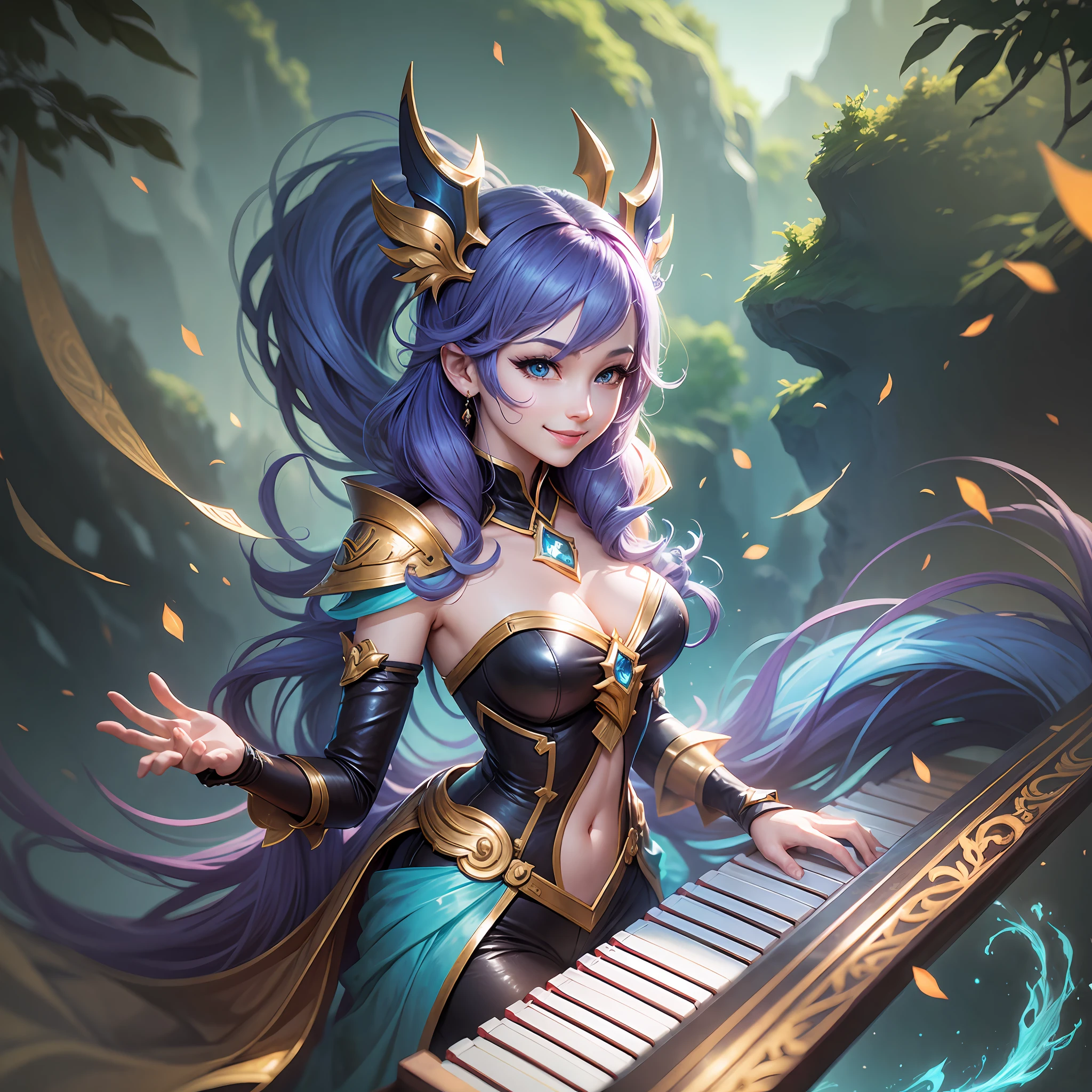 CG style, character(sona) league of legends, with piano, happy smile, background landscape blur, perfect body, detailed face, focus on face, focus on body, --auto --s2