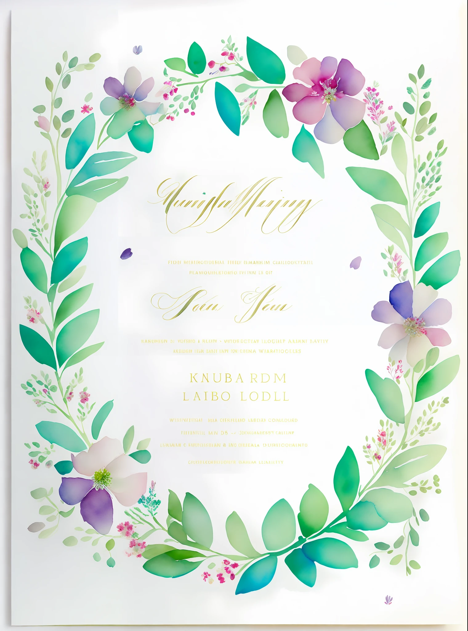 Design a modern wedding invitation featuring an extremely delicate, hand-painted floral crown. The crown should be made up of exceptionally small flowers with very few green leaves. Maintain a 2D, flat, watercolor appearance for these elements. The floral crown should be in pastel tones, contrasted against the neutral background of the invitation, to create a standout effect.