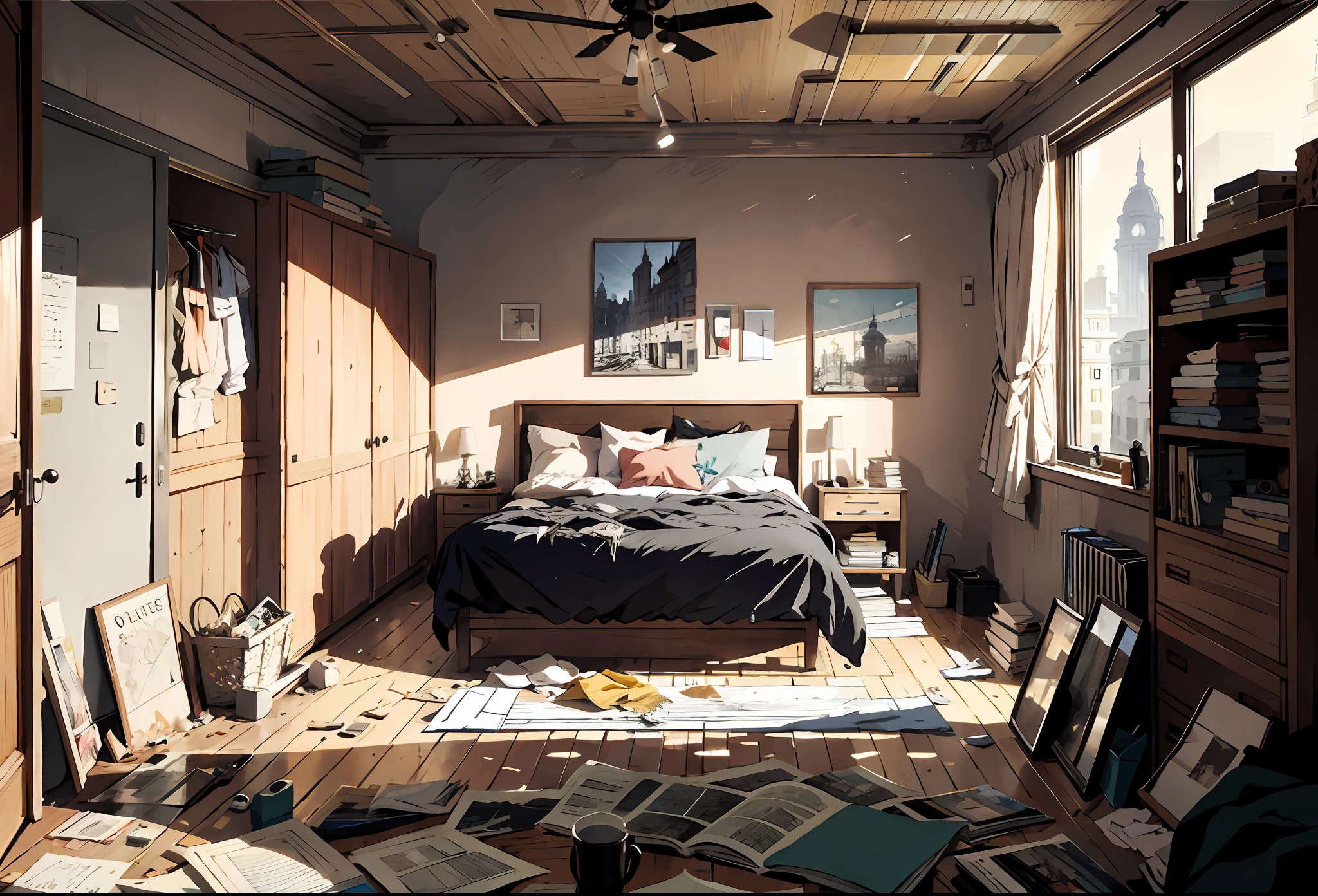 Bed , messy room, architectural illustration, high detail, realistic