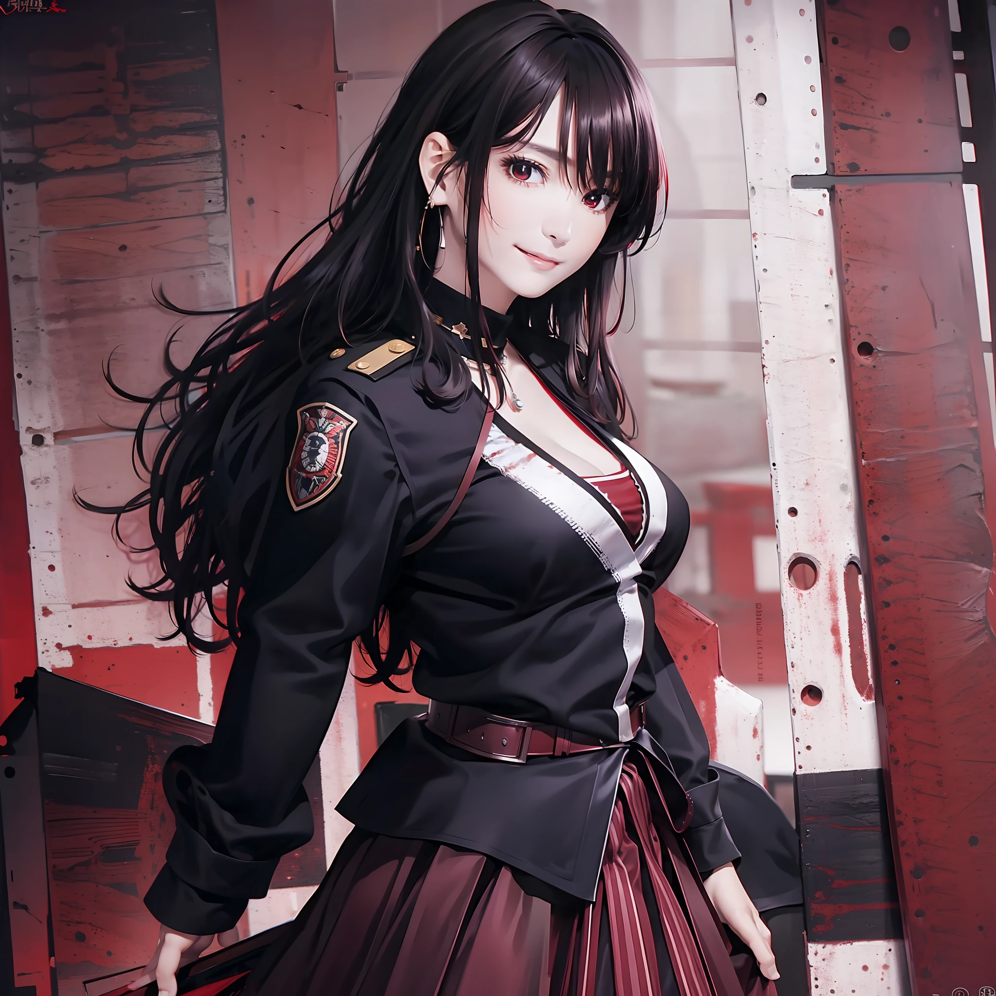 Top Quality, Masterpiece, Masterpiece, One Woman, Solo, Horror, Smirk, Looking at Viewer, Fluffy Black Uniform, Red Skirt, Cleavage, Long Black Hair, Red Eyes, Japan Sword, Factory at Night, Blood on Face, Red Necklace