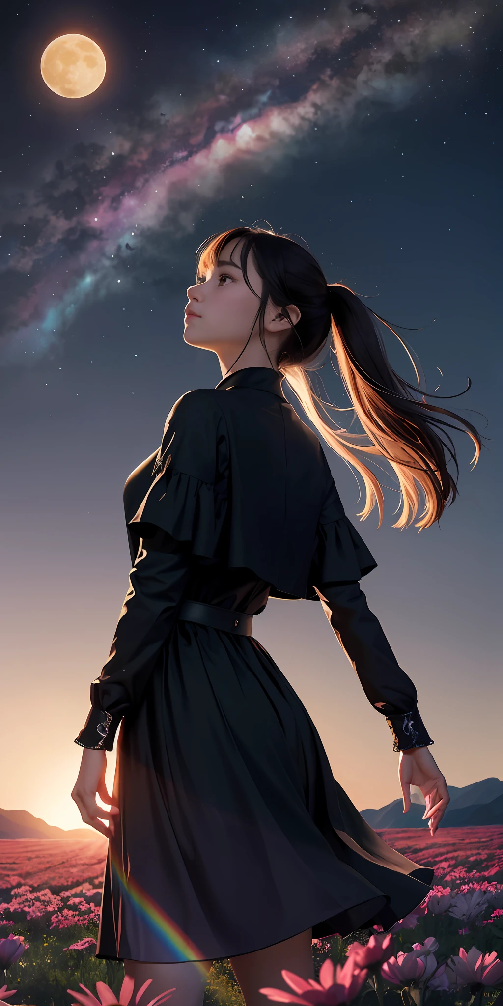 A wide landscape photo, (viewed from below, the sky is above, and the open field is below), a girl standing on a flower field looking up, (full moon: 1.2), (meteor: 0.9), (nebula: 1.3), distant mountains , Trees BREAK Crafting Art, (Warm Light: 1.2), (Firefly: 1.2), Lights, Lots of Purple and Orange, Intricate Details, Volumetric Lighting BREAK (Masterpiece: 1.2), (Best Quality), 4k, Ultra Detailed, (Dynamic Composition: 1.4), Rich in Detail and Color, (Rainbow Color: 1.2), (Glow, Atmospheric Lighting), Dreamy, Magical, (Solo: 1.2)