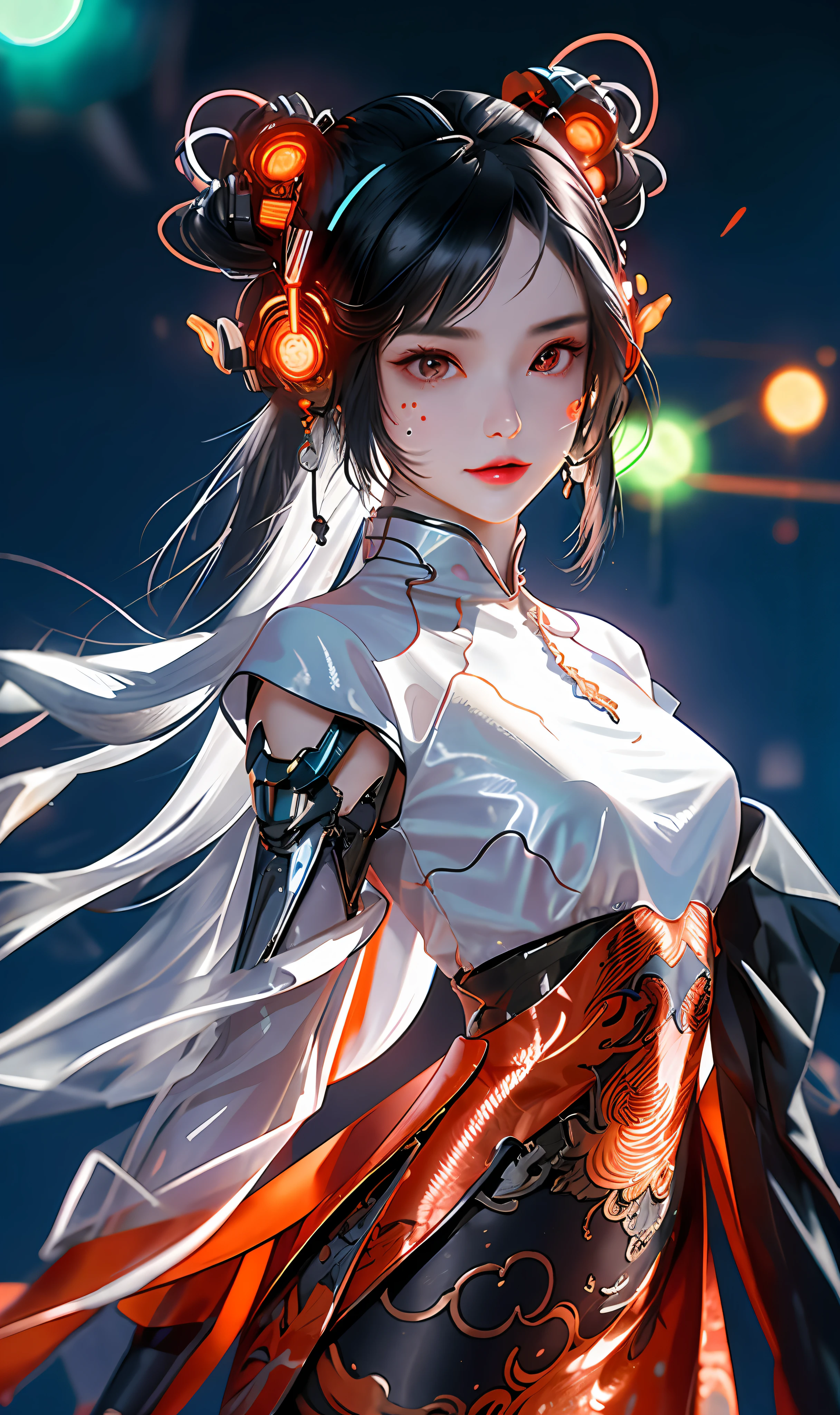 1 girl, Chinese_clothes, liquid silver and orange, cyberhan, cheongsam, cyberpunk city, dynamic pose, detailed luminous headphones, glowing hair accessories, long hair, glowing earrings, glowing necklace, cyberpunk, high-tech city, full of mechanical and futuristic elements, futuristic, technology, glowing neon, orange, orange light, transparent tulle, transparent streamers, laser, digital background urban sky, big moon, with vehicles, best quality, masterpiece, 8K, character edge light, Super high detail, high quality, the most beautiful woman in human beings, micro smile, face facing front and left and right symmetry, ear decoration, beautiful pupils, light effects, visual data, silver white hair, super detail facial texture