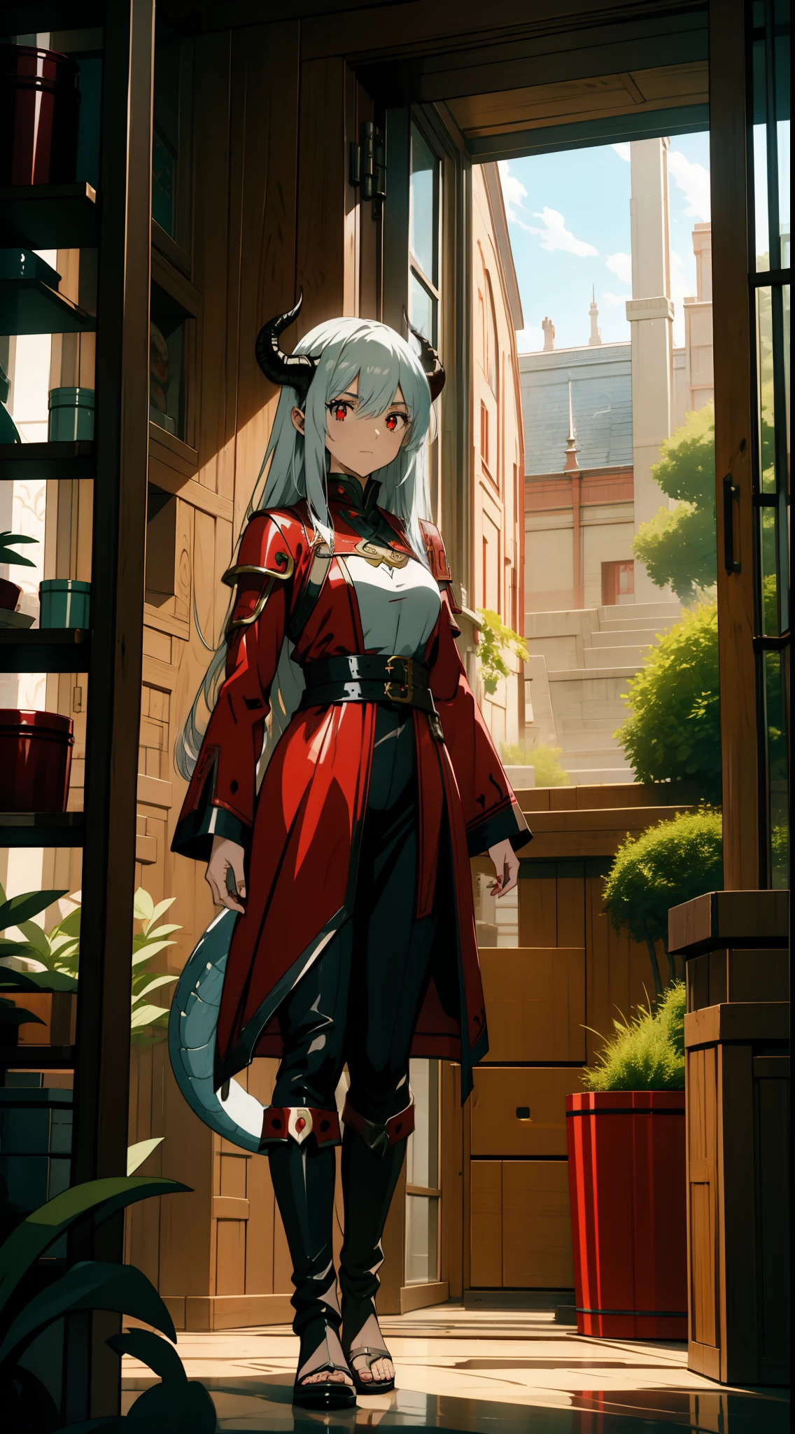 1 Girl, Dragon Girl, Dragon Girl, Dragon Man, Silver Hair, Red Eyes, Dragon Horns, Dragon Tail, Leather Armor, Adventurer Style Costume, Concept Art, Beautiful Anime Scene, Beautiful Anime Landscape, Top Rated on pixiv, Best Quality, 4K