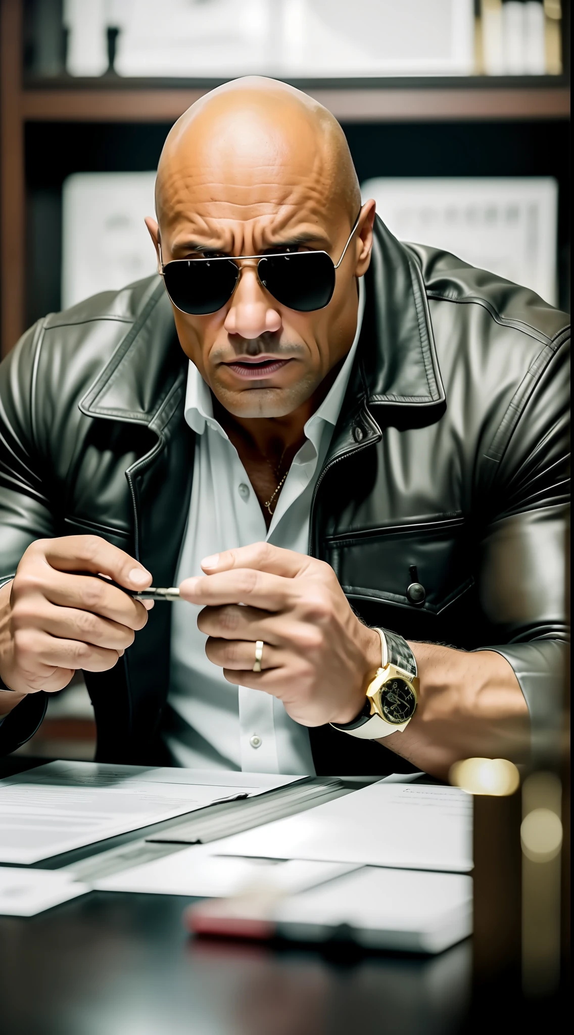 (Best quality, 8k, 32k, masterpiece, UHD: 1.2), Actor The Rock playing the role of a skilled detective at an intriguing crime scene, examining clues and interrogating suspects, wrapped in an atmosphere of mystery and suspense, realistic.