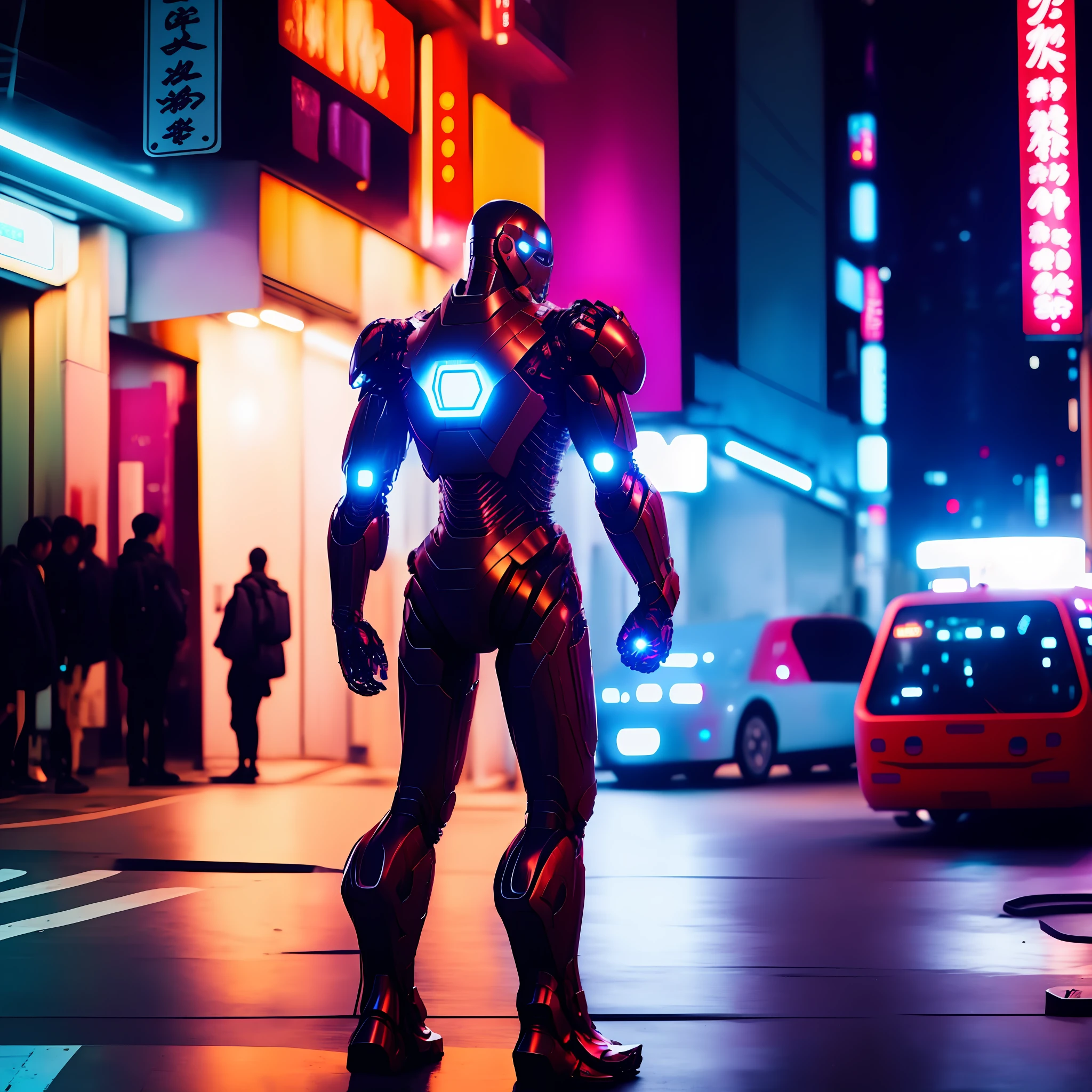 Cyberpunk neon style Iron man in the streets of Japan, detailed, canon Eos 30mm