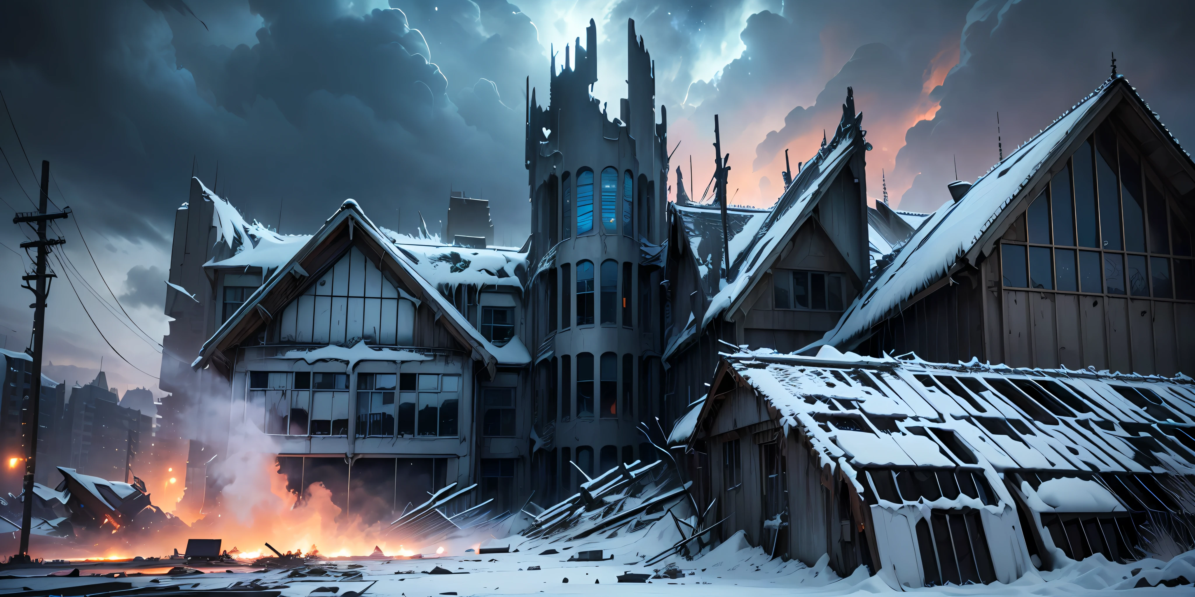 Apocalypse, Epic Reality, (hdr: 1.4), Apocalypse, Frozen, Dilapidated, Abandoned, Cool Colors, Dark Night, Screen Space Refraction, Epic Composition, (Intricate Detail), (Intricate Detail, Ultra Detail: 1.2 ), Art Station, Movie Clips, Vignetting, Complex Backgrounds, Buildings, Snow, (Masterpiece, Best Quality) --v 6