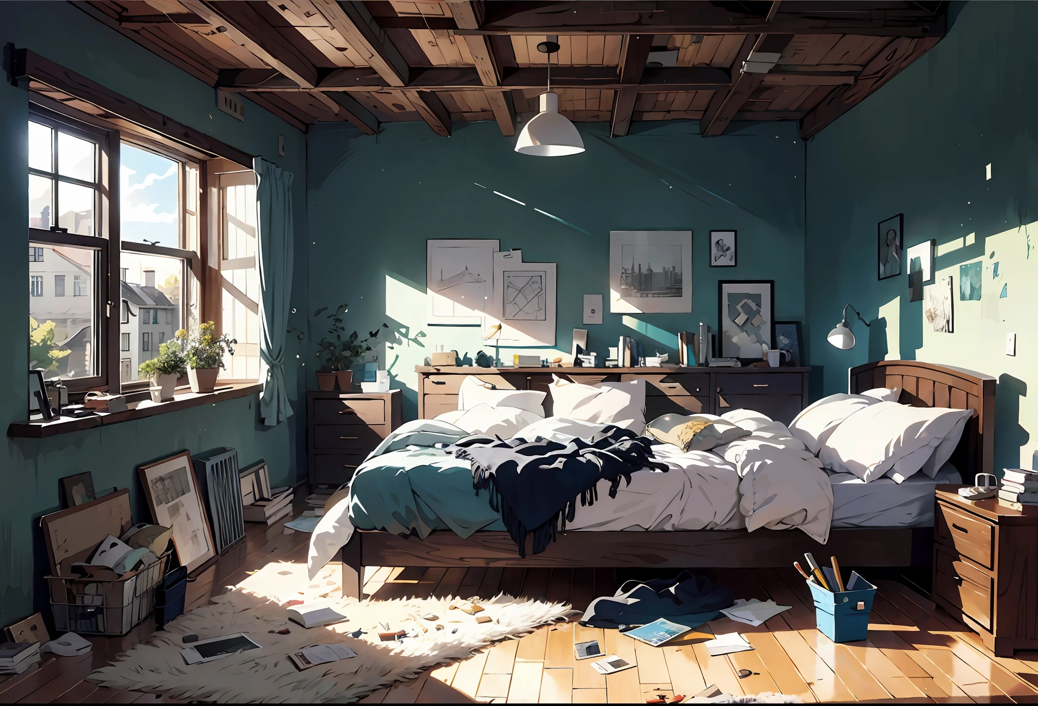 Bed , messy room, architectural illustration, high detail, realistic