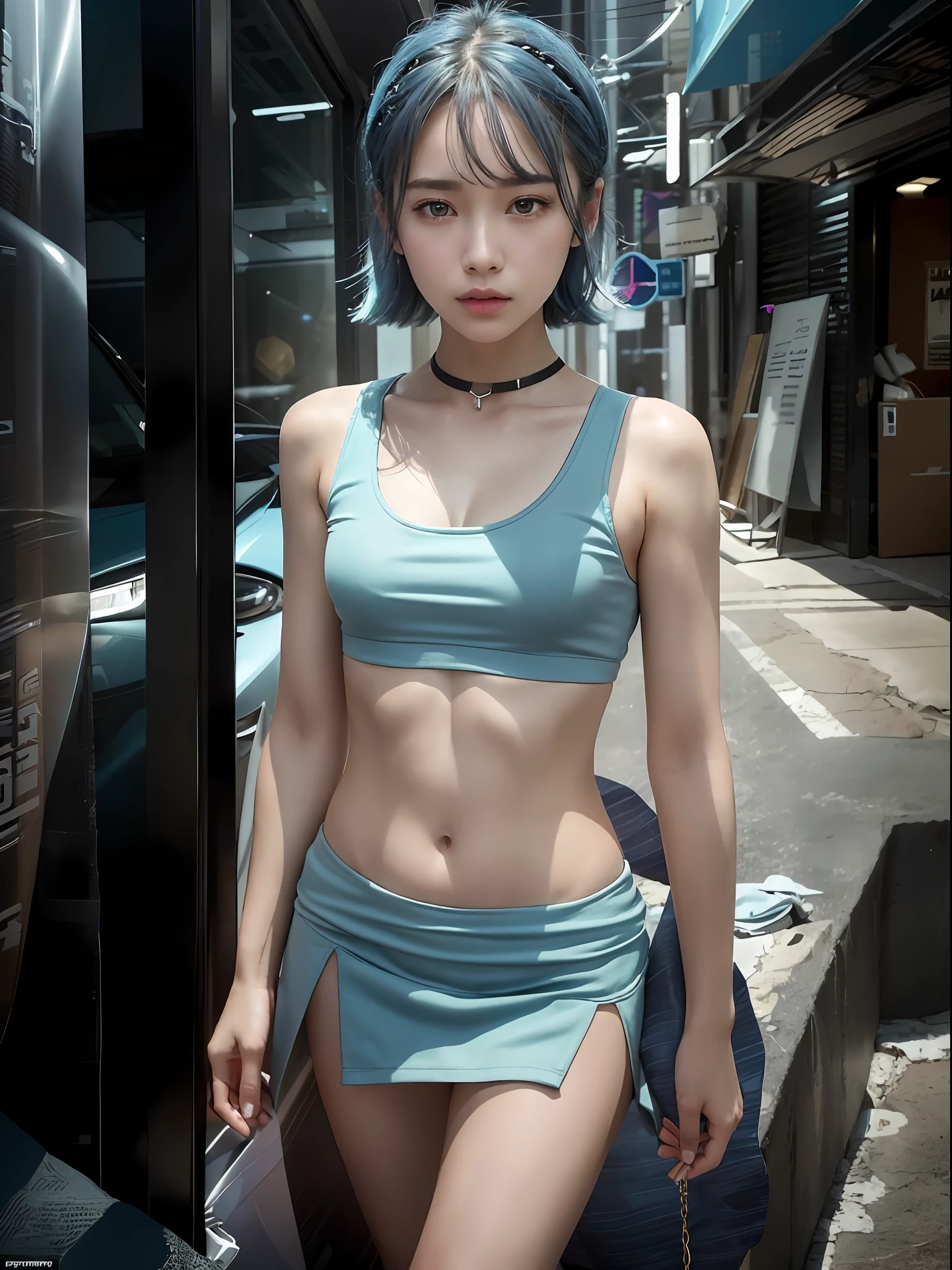 ((middle-breasted, tomboyish, small-headed)), darkness, (perfect body: 1.1), light blue hair, collar, chain, full body shot, crowded street, tank top, (light blue sheer plastic garbage bag: 1.3), (mini skirt: 1.3), (highly detailed CG 8k wallpaper), (very delicate and beautiful), (masterpiece), (best quality: 1.0), (ultra high definition: 1.0), beautiful lightingDetailed skin, super detailed, super detailed, blade runner, mad max