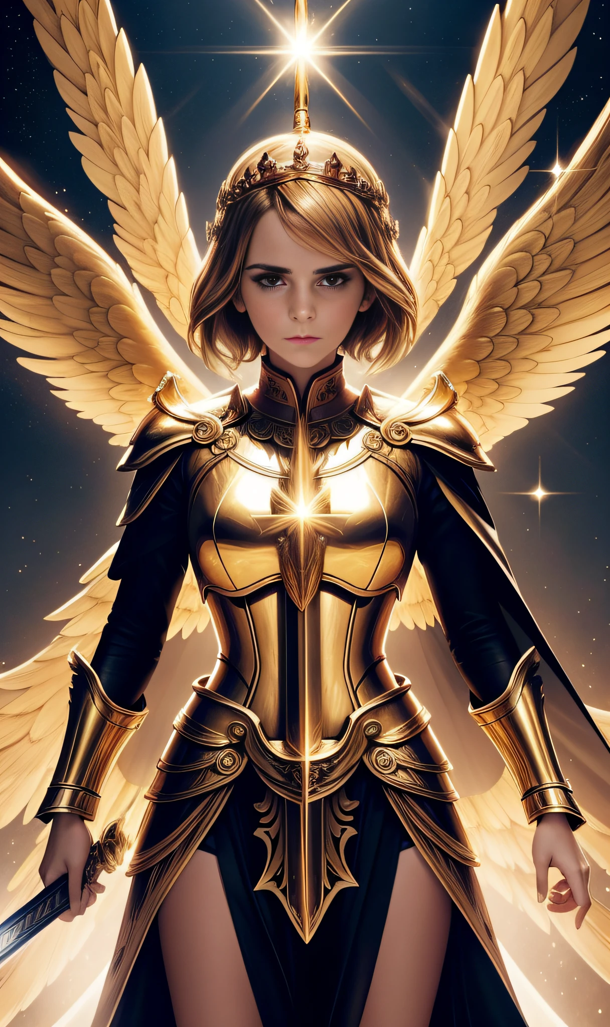 Emma Watson's golden holy angel is dazzling, with six wings hovering in the sky, dressed in gold armor, holding a holy sword, wearing a halo on his head, and his face is solemn, exuding majesty and solemnity, which is awe-inspiring.