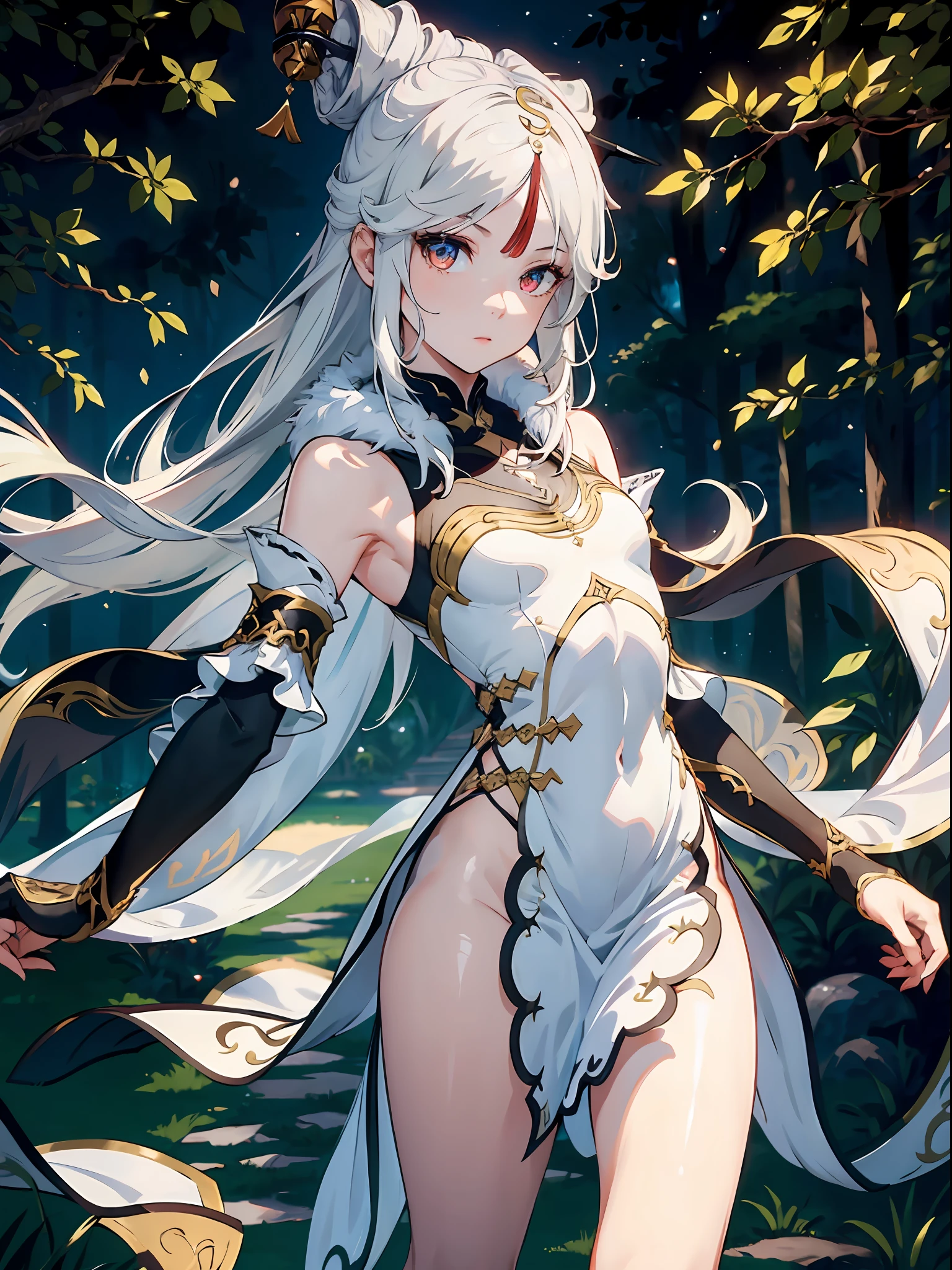 1girl, (solo:1.2), ((masterpiece)), [slim], (small chest), pale skin, ((detailed eyes)), (bokeh effect), (dynamic angle), dynamic pose, ningguangdef, white hair, long hair, white dress