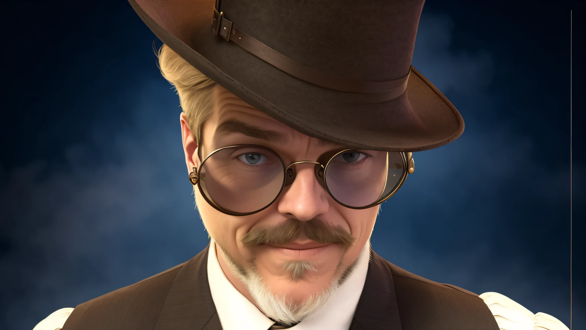 there is a man with a hat and glasses wearing a vest, inspired by William Holmes Sullivan, wearing victorian dark goggles, wearing victorian goggles, a suited man in a hat, wearing dark victorian goggles, inspired by Max Magnus Norman, wearing steampunk top hat, headshot profile picture, avatar image, inspired by George Morrison, profile shot, inspired by George Frederick Harris
