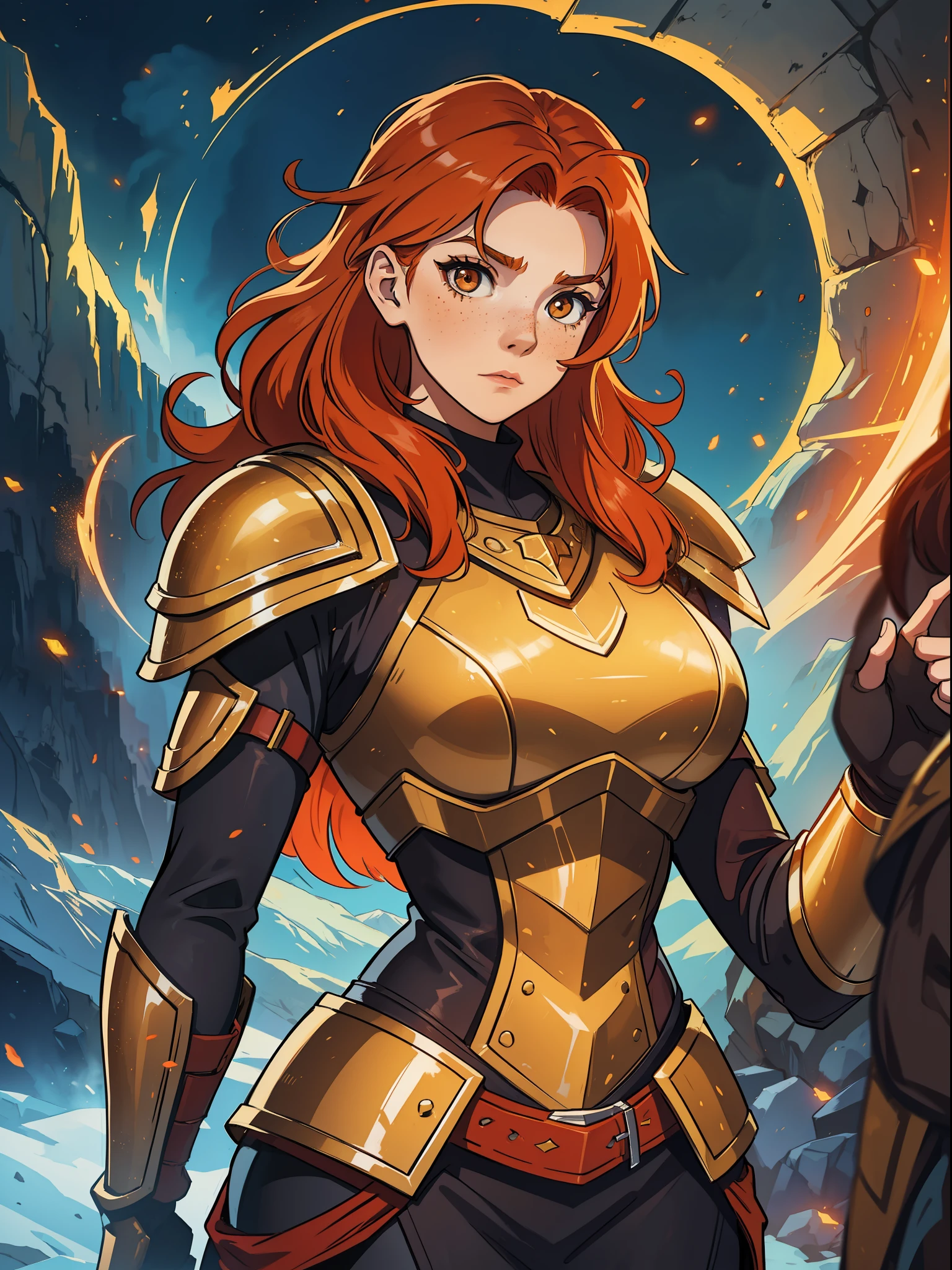 A young red-haired teenage woman with orange hair and brown eyes she has some freckles and a look of courage she is a warrior wearing a powerful magical armor for a medieval RPG, the background filled with magic and magical lights contour lights and cinematic lights in a mountain fortress, inspired by the Leona of League of Legends, a powerful and resistant armor based on magic and a giant shield