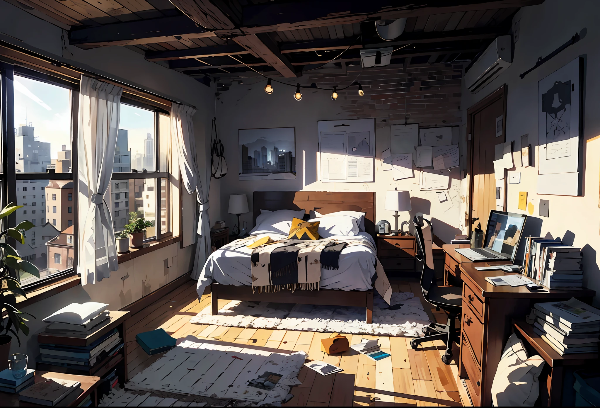 Bed , messy room, architectural illustration, high detail, realistic