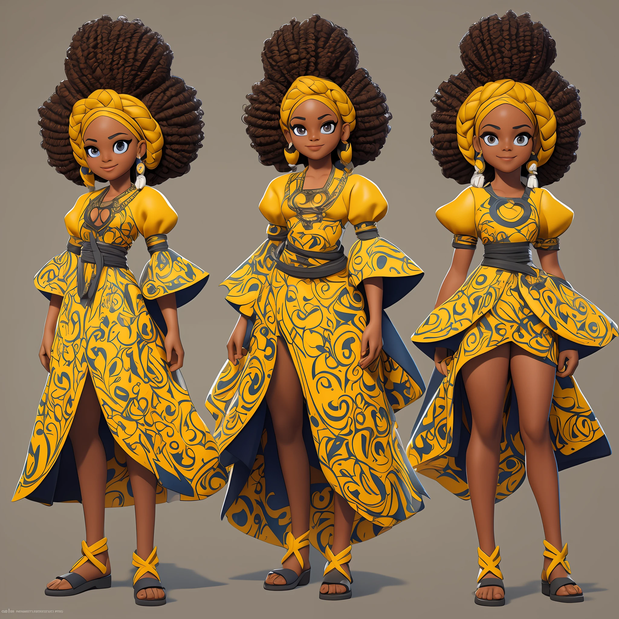 final art of a body head bahian afro brazilian girl,with braids and with a yellow gown,arms crossed,smiling looking with black eyes deelhado high quality character design, character design art, children's art in 3d rendering, highly detailed character design, cartoon concept art, character design, professional character design,  character design concept art, colorful concept art design illustration, character concept art, stylized character design, [ character design