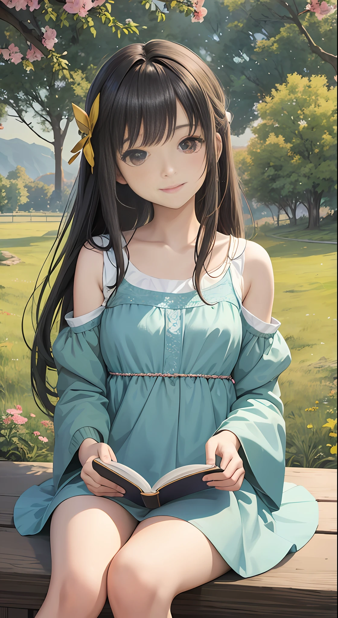 22 years old, anime girl reading on a table with lights, enjoying her time in an empty field, surrounded by the beauty of nature, warm sunlight sprinkling on her, wildflowers gently swaying in the breeze. Butterflies and birds flying around her add to the playful atmosphere, anime visuals of cute girls, portraits of cute anime girls, cute detailed digital art, anime style portraits, beautiful anime portraits, digital anime illustrations, cute anime girls, detailed portraits of anime girls, anime style illustrations, kawaii realistic portraits, cute anime girl portraits, detailed fan art, young anime girls, detailed digital anime art, black hair, hair bow, smile, gaze level shooting, Ghibli-like colors, first-person perspective, UHD