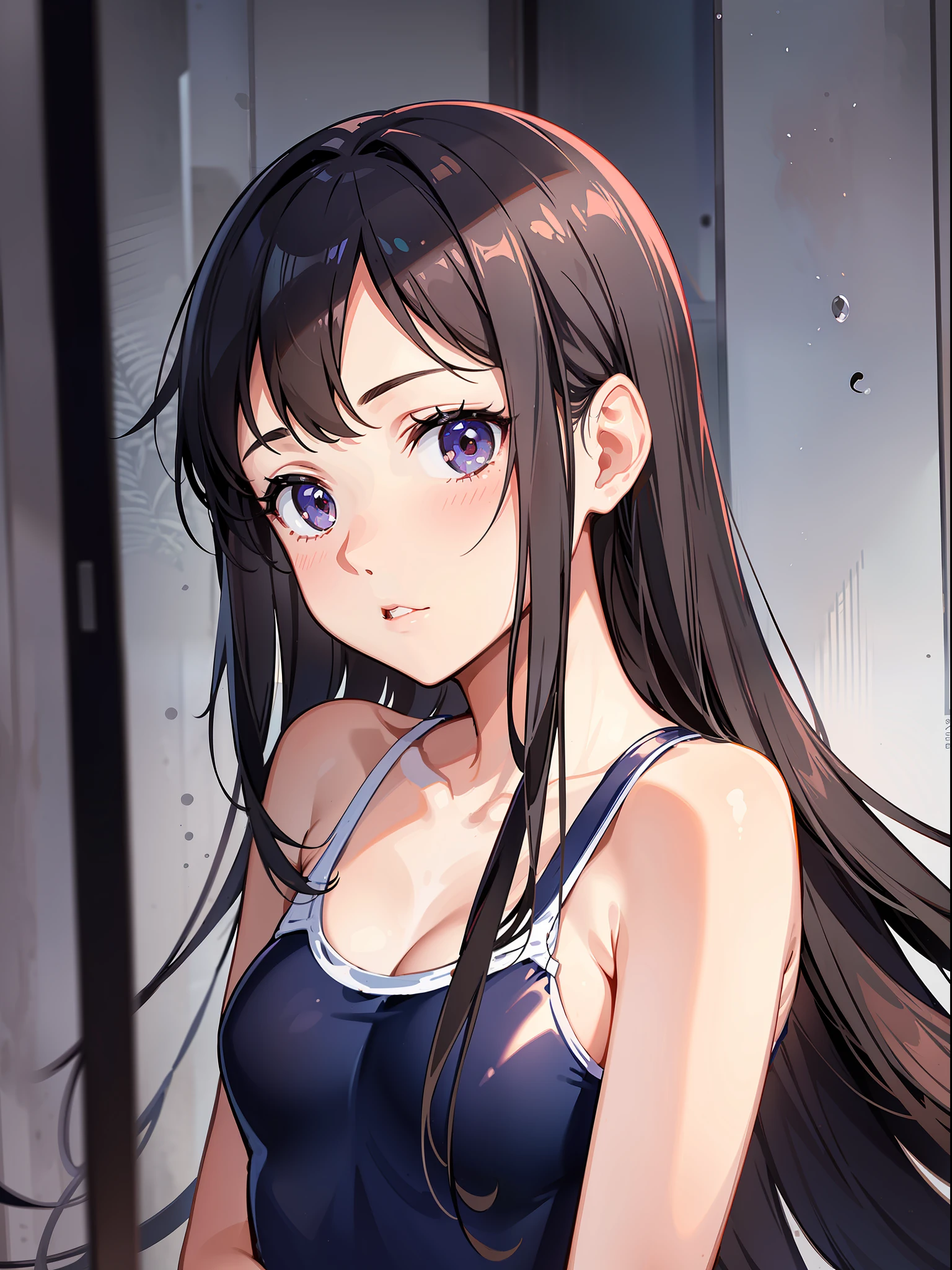 High Resolution, Top Quality, Slender Beautiful Girl, School Swimsuit, No Blushing, Face Down, Cheek Cane, Club Room, Bite