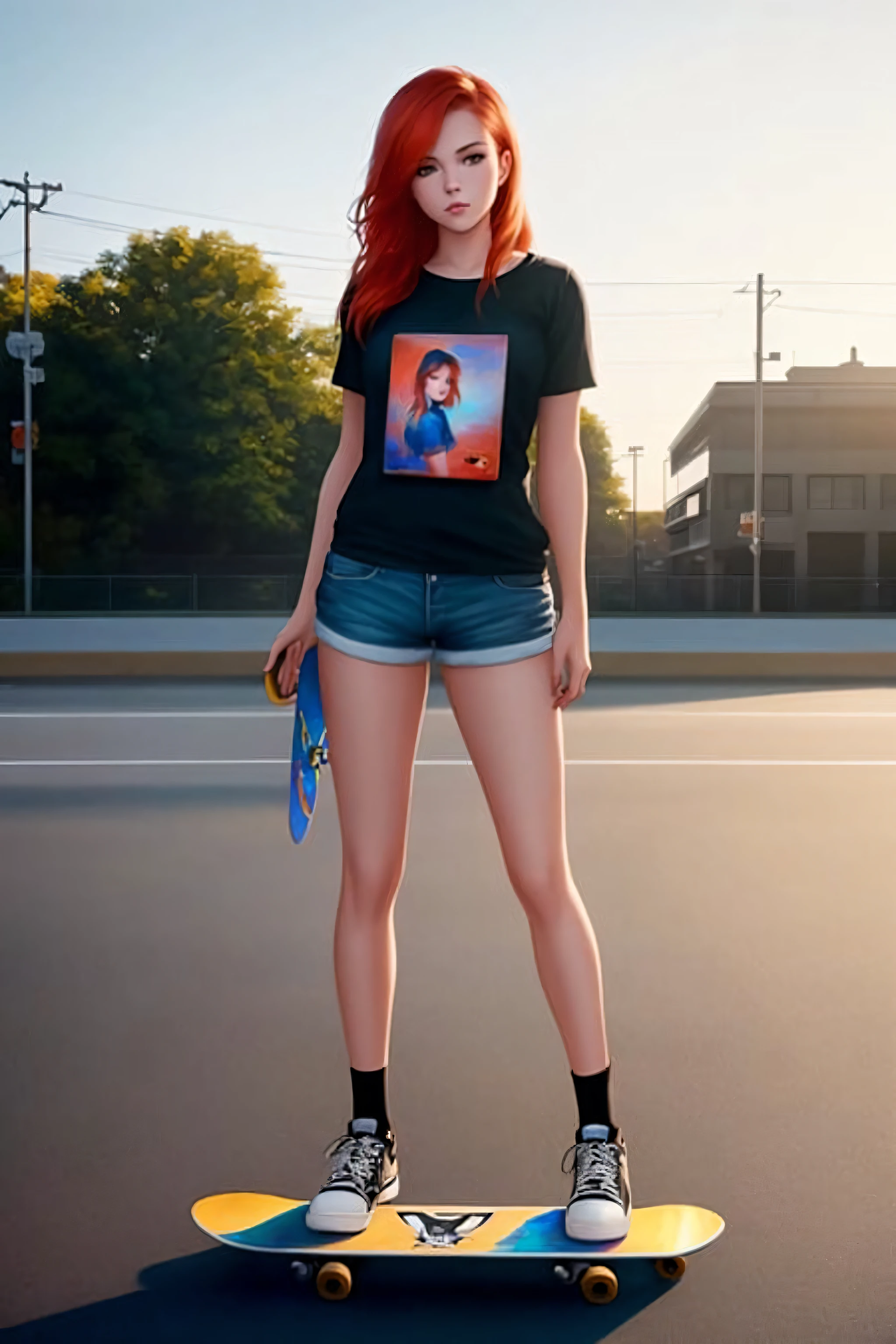 a beautiful young woman standing on top of a skateboard, a photorealistic painting by Michael Flohr, featured on cg society, art photography, cute young redhead girl, sexy girl wearing shorts, beautiful woman body