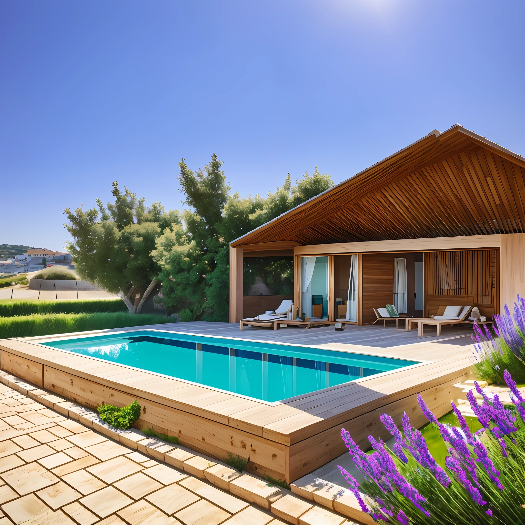 House in the lock , Carvalhal , Troy Portugal, sand color thatched roof, wooden shed pool around wooden deck and surrounded by sand, tufts of lavender and green vegetation, olive trees a lot of glass and r,plaiting on the facades --auto --s2