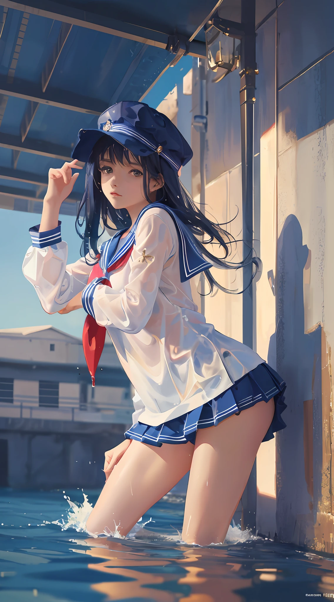 sailor suit, wet, girl, exquisite, wallpaper, 8K, pretty, exquisite
