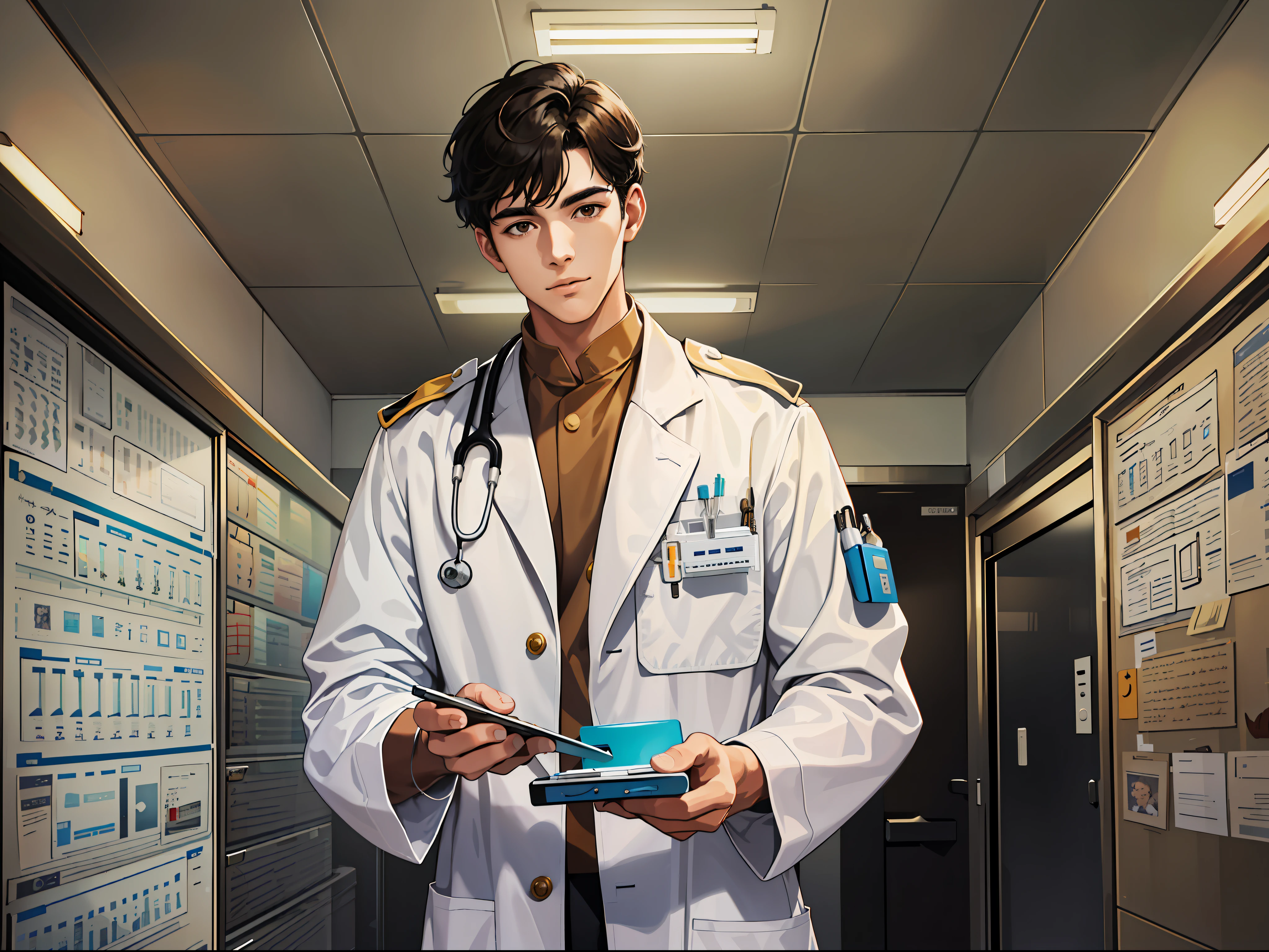 (ridiculous, high resolution, super detailed, realistic,), 1 male, soloist, 20 years old, sunny handsome, cheerful boy, holding a medical kit in his hands, tall, extremely short hair, black hair, brown eyes, thick eyebrows, hospital room, doctor, white robe, white coat, full body,