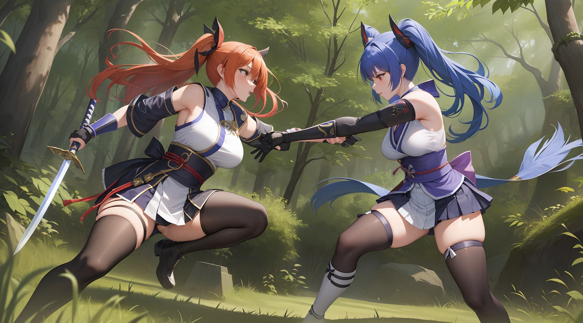 Full body shot of two female character from Dead or Alive game. Kasumi versus Ayane, 1 versus 1, fighting in a fierce duel death match with short swords, weapon with serious expression. One of them take lethal slash and wounded. They have long loose hairstyle and, small thighs, and slender legs. They are wearing different color of traditional sleeveless kimono, proper skirt with no slit, an obi tied on back hip. Both of them are wearing a pair of thin long black elbow gloves, a pair of black thigh highs, and black shoes. Background set in a lush forest.