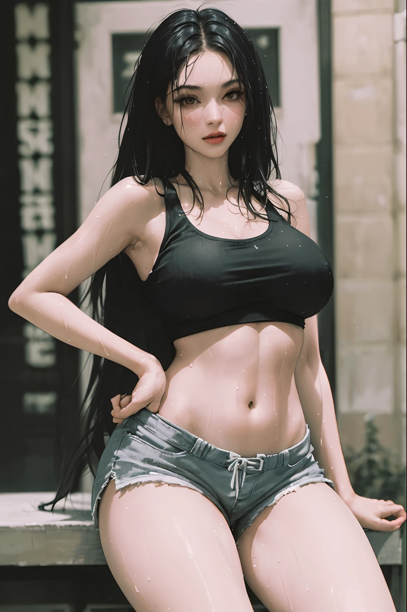 (Masterpiece: 1.2, Best Quality), Realism, (Real Pictures, Intricate Details, Depth of Field), (1girl, Solo), Makeup, Lips Apart, High Detail, (((Perfect Face))), (Huge Tits: 1.4), (Skindentation), ((Slender Legs)), Wide Buttocks, Thin Waist, Tall, Coral Lips, Long Hair, Dark Eyes, ((Beauty in Racing Suit, Short Tank Top, Slender Waist, Shorts, Slender Beautiful Legs, Stockings, Enchanting Figure)), (Sweating:1.2), (wet), sexy, blush,